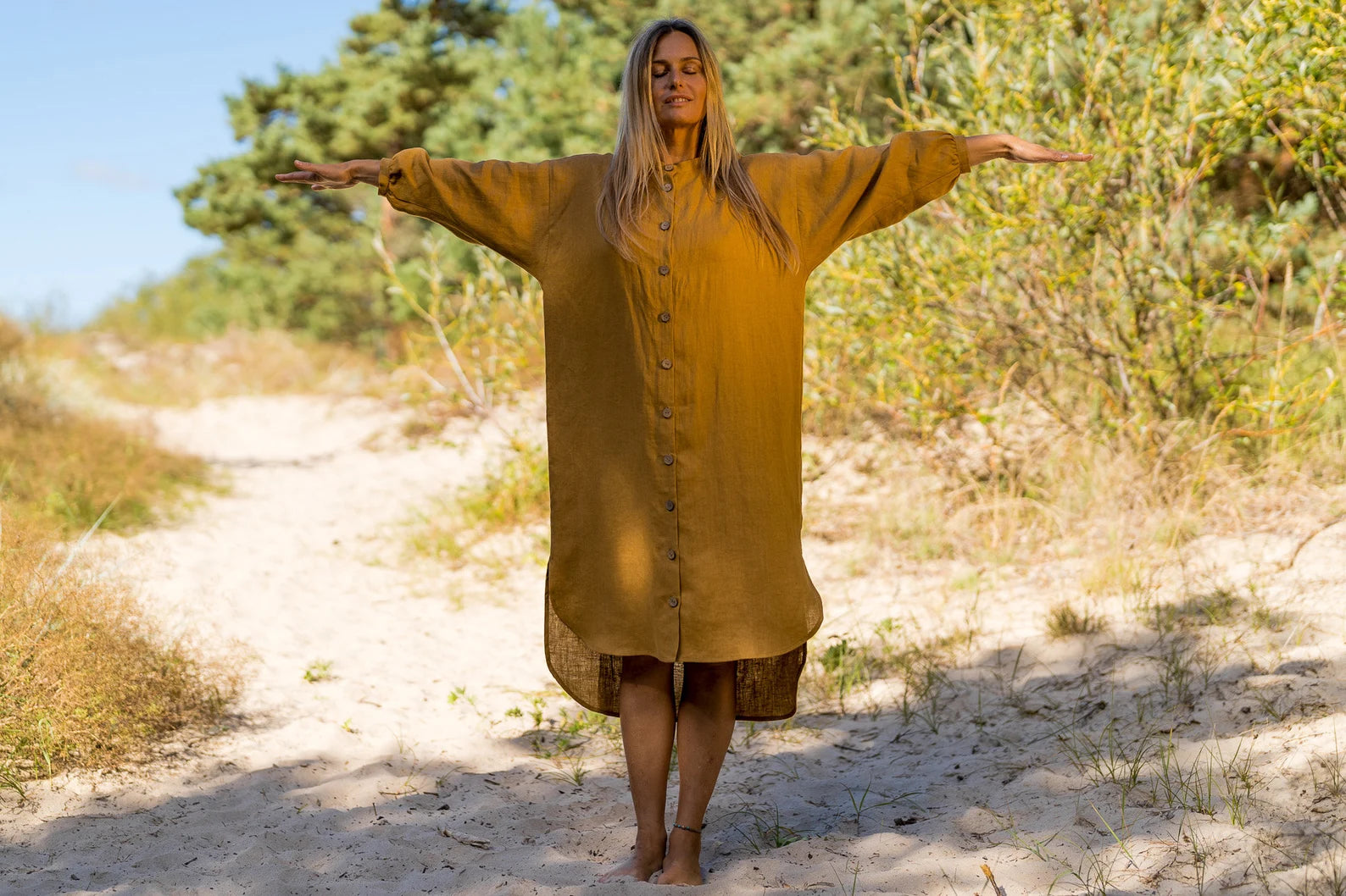 Linen Oversized Shirt Dress for Women | NINA Casual Long Sleeve Button Down Tunic in Amber Yellow | Perfect for Beach Cover-Up, Summer Outfits & Boho Style