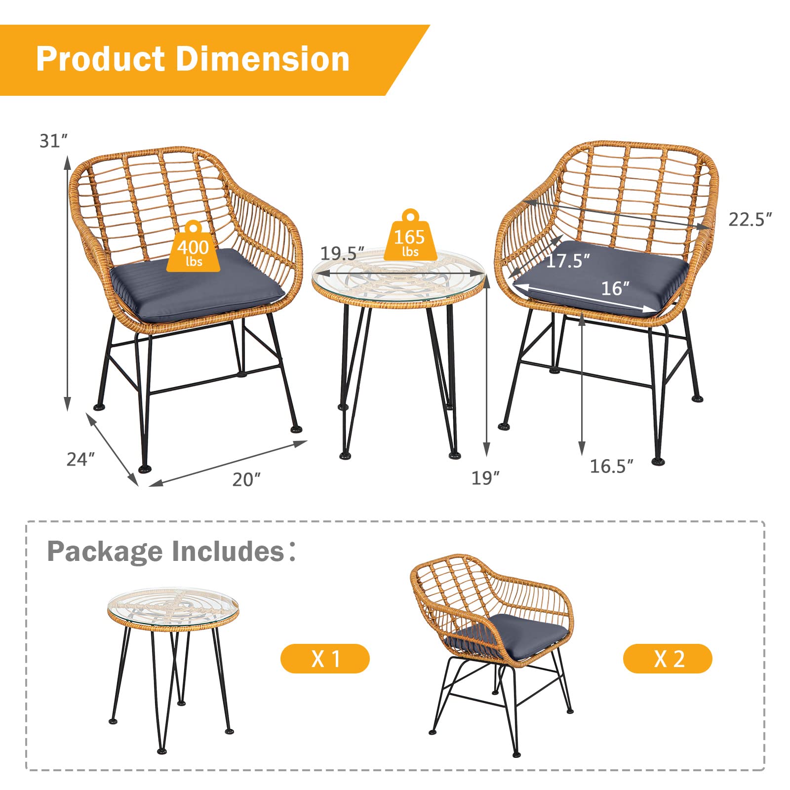 HappyGrill 3-Piece Rattan Bistro Set with Steel Frame Round Coffee Table & Soft Cushions - Outdoor Patio Dining Furniture for Garden, Balcony, or Backyard Relaxation