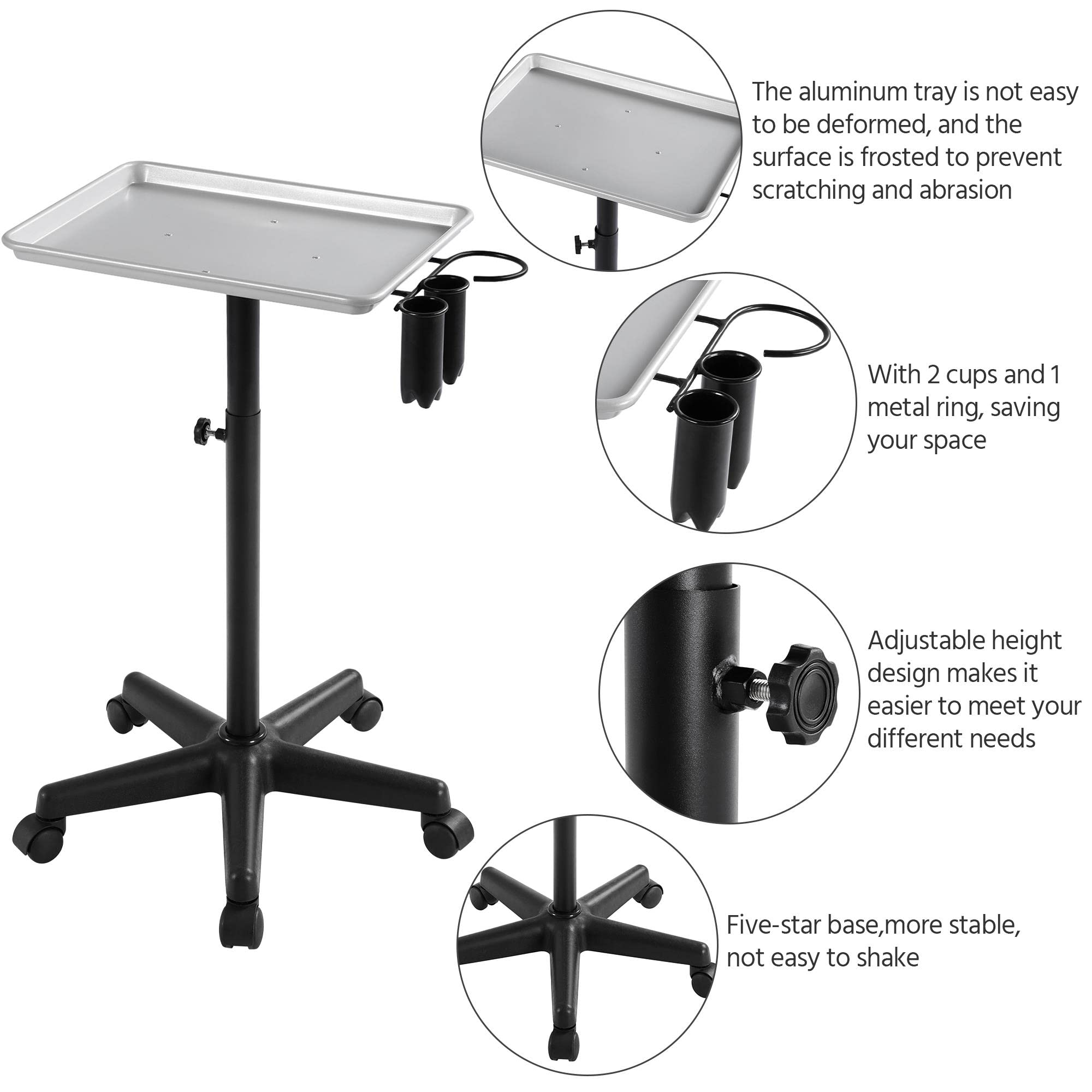 Yaheetech Adjustable Height Rolling Salon Tray - Mobile Aluminum Beauty Cart with Wheels & Accessory Caddy for Spa, Salon & Barber Shop - Silver | Perfect for Styling Tools, Nail Supplies & Hairdressing Equipment Storage