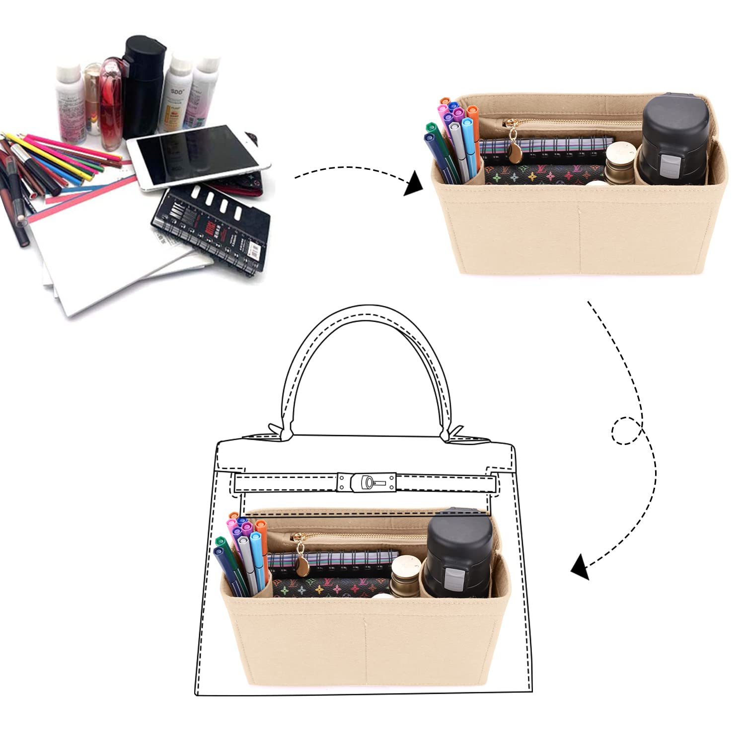 LEXSION Beige Medium Felt Purse Organizer Insert for Handbags - Zippered Bag Organizer with Removable Bottle Holder for Kelly 28 | Perfect for Travel, Work & Everyday Use