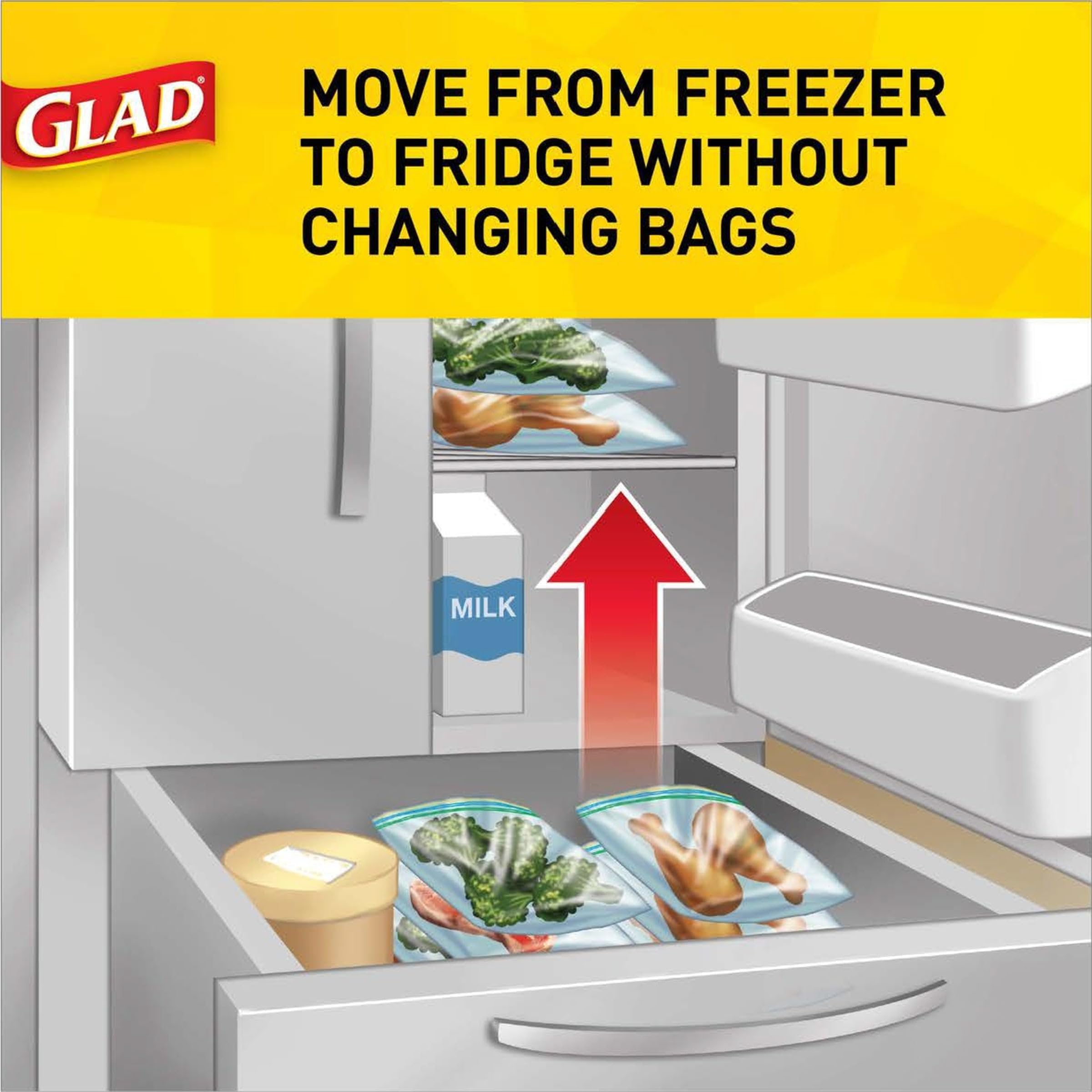 Glad 2-in-1 Food Storage & Freezer Zipper Bags - 46 Quart Size Bags (Pack of 3) - Airtight Seal for Meal Prep, Leftovers & Freezing - Perfect for Home Kitchen, Camping & Office Lunches