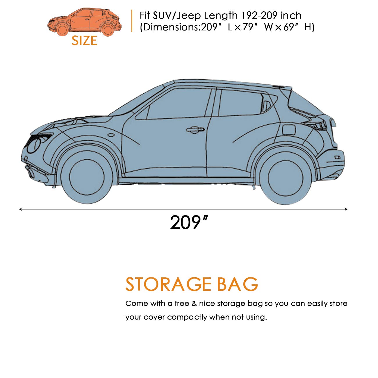 Waterproof All-Weather Car Cover - 210T Lightweight Breathable UV Protection for Auto, SUV (Up to 209