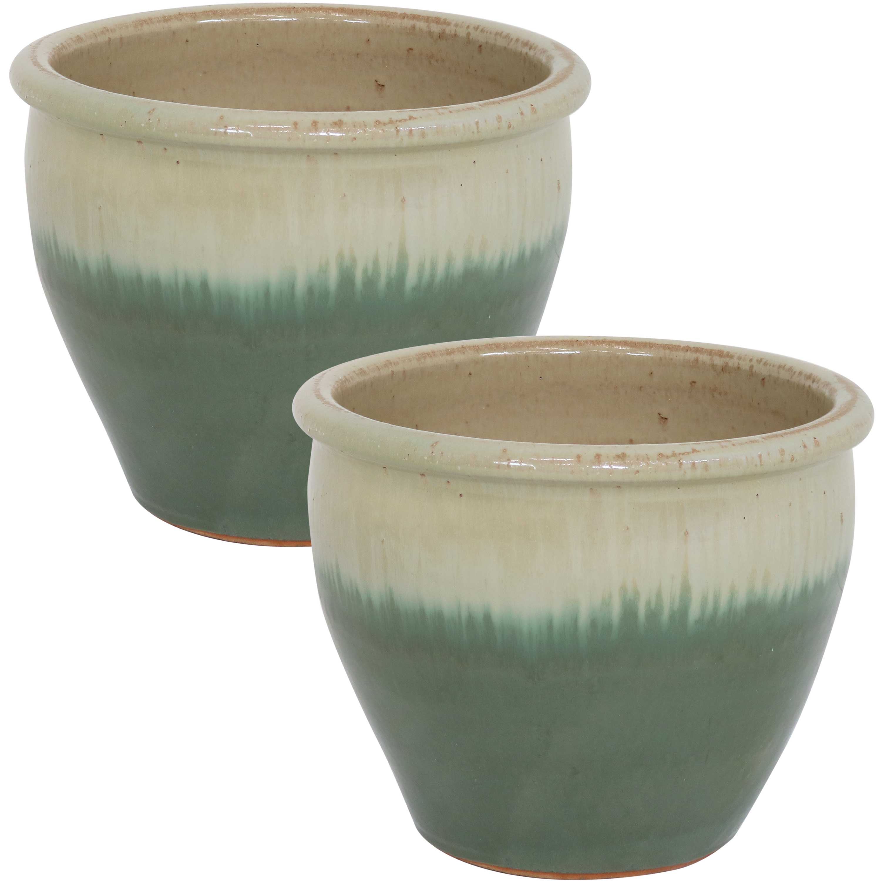 Sunnydaze Chalet Glazed Ceramic Plant Pots with Drainage Holes - Set of 2, Indoor Outdoor Garden Decor for Flowers, Succulents, Herbs - Perfect for Patio, Balcony, and Home Décor