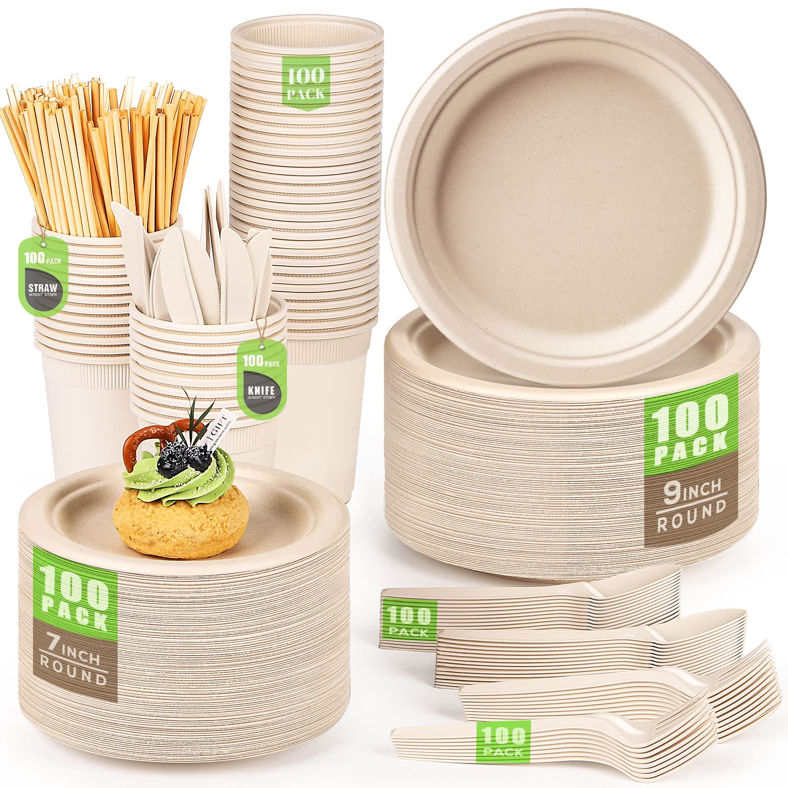 Eco-Friendly Compostable Paper Plates 700pcs - Biodegradable Disposable Plates & Cutlery Set, Heavy-Duty Recycled Brown Plates for Parties, Picnics, BBQs & Outdoor Events