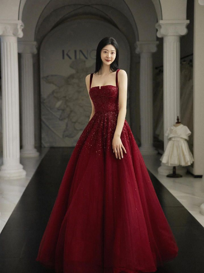 Elegant Burgundy A-Line Long Prom Dress with Tulle Skirt - J4465 | Perfect for Evening Gala, Homecoming, and Formal Events
