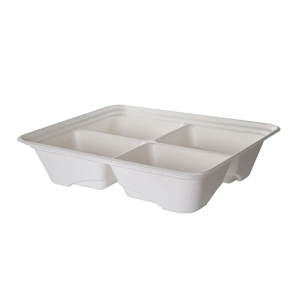 Eco-Friendly Sugarcane Fiber Compartment Plates - 4-Compartment Half Pans, 13 x 10 x 3 Inches, 200 Count Case - Perfect for Catering, Parties, and Eco-Conscious Events