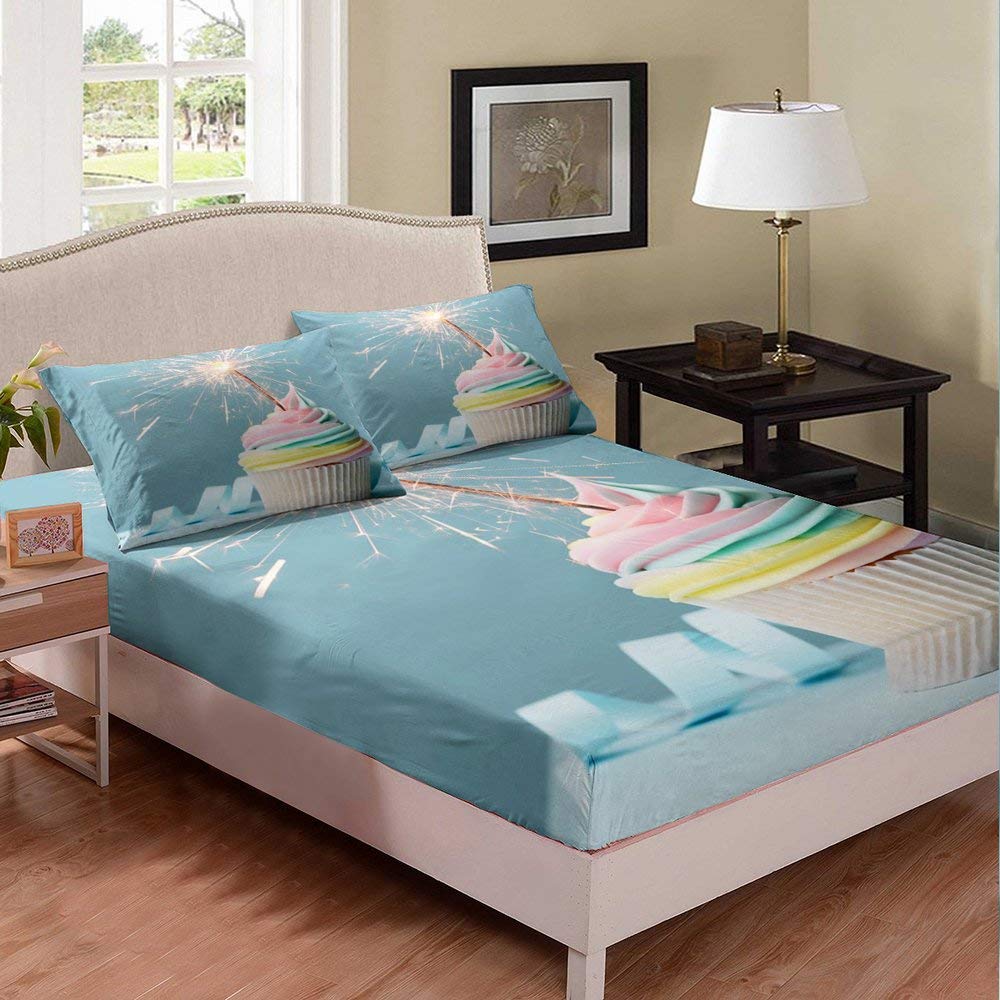 Homewish Ice Cream Themed 3-Piece Bedding Set - Soft Polyester Fitted Sheet & Pillowcases (Queen Size) for Kids' Room Decor | Perfect for Birthday Gifts & Themed Bedrooms
