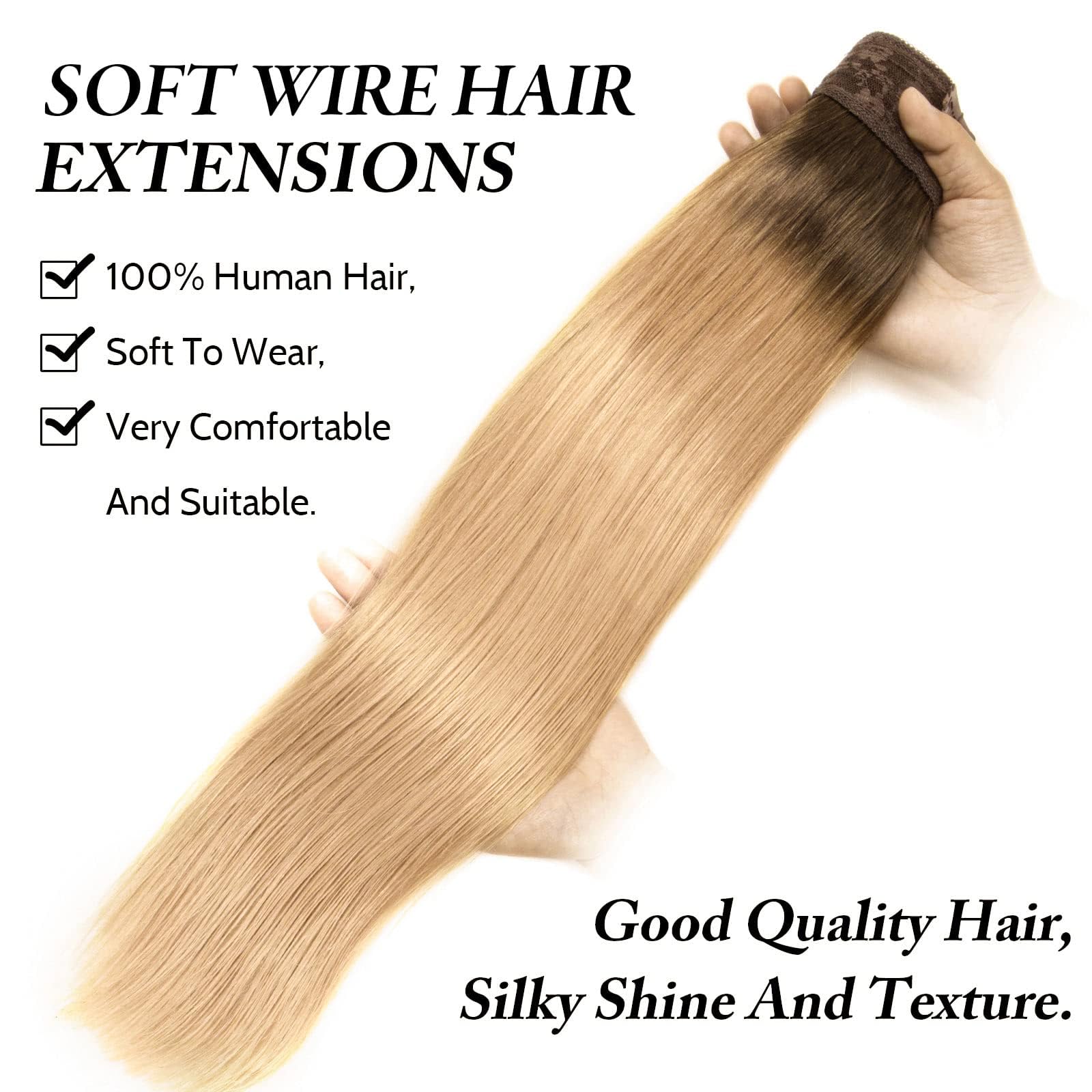 Tinashe 16-Inch Real Human Hair Straight Extensions - 90g Chocolate Brown to Caramel Blonde Ombre Invisible Wire Fish Line Clip-Ins for Volume & Length | Perfect for Daily Styling, Parties & Special Occasions