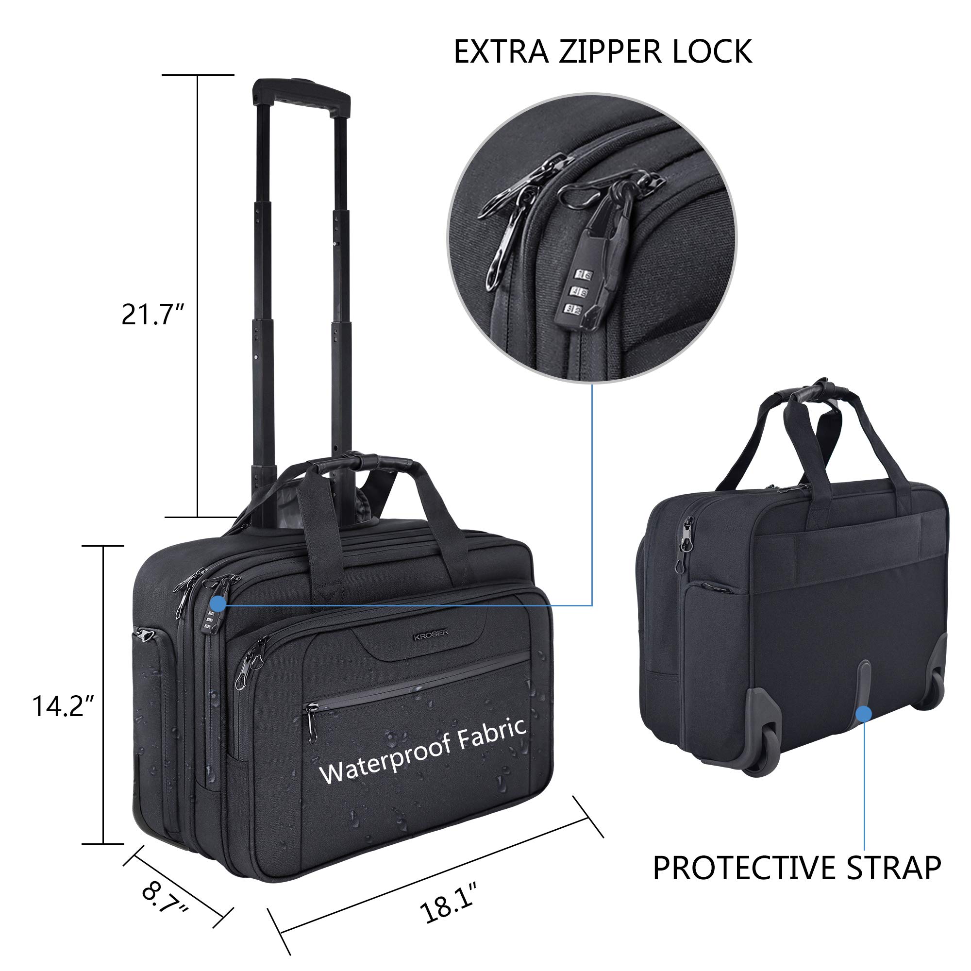 Premium KROSER Rolling Laptop Bag with Wheels - Fits 17.3 Inch Laptop, RFID Pockets for Security - Durable Wheeled Briefcase for Business Travel, Commuting & Overnight Trips (Black, Unisex Design for Men & Women) - Perfect for Airports, Offices & Daily Professional Use