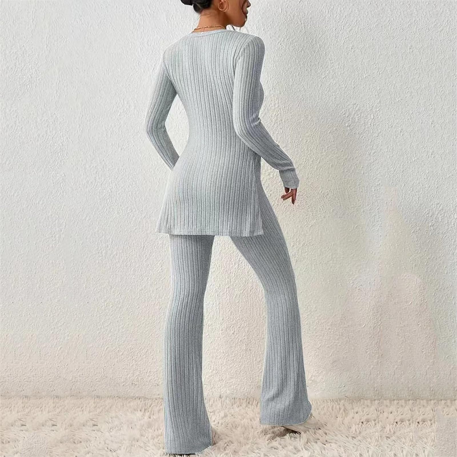 Women's 2-Piece Outfit Set - Soft Comfy Crew Neck Long Sleeve Top & Wide Leg Pants | Cute Lounge & Sleepwear for Home, Beach & Fall Season | Casual Pajama Set for Relaxation & Travel