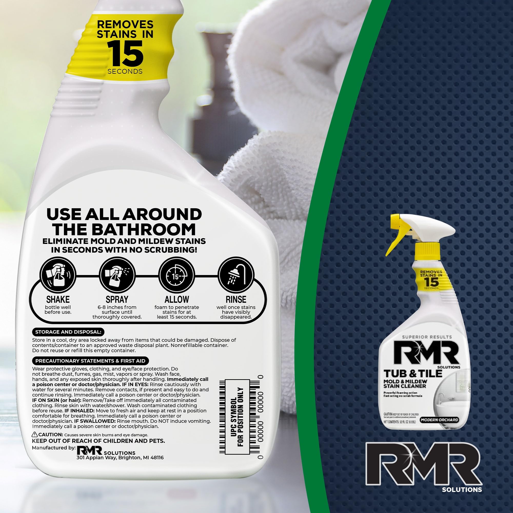 RMR - Industrial Strength Tub and Tile Cleaner | Mold & Mildew Stain Remover | No-Scrub Formula | 32 Fl Oz (2 Pack) | Perfect for Bathroom, Shower, Kitchen & Grout Cleaning