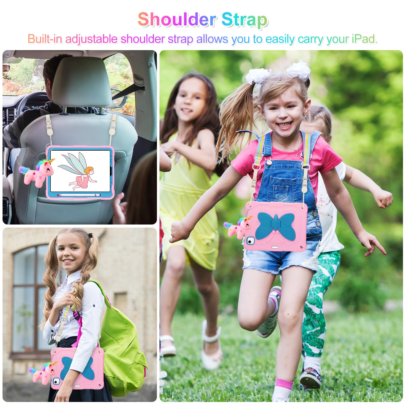 iPad Air 5th/4th Gen & iPad Pro 11 Inch Case with Screen Protector - Cute Butterfly Stand Hard Cover with Pencil Holder & Strap for Kids (Pink/Blue) - Perfect for School, Travel & Home Use