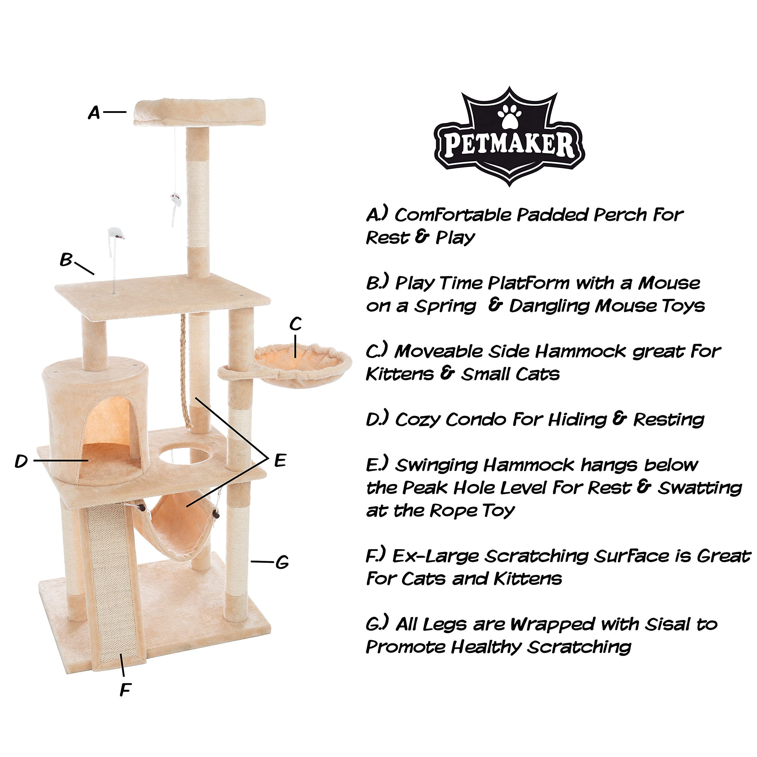 Premium PETMAKER 4-Tier Cat Tree with Scratching Posts, Hammocks & Condo - Large Cat Tower for Climbing, Scratching & Lounging - Perfect for Indoor Cats Play & Nap in Living Room or Bedroom