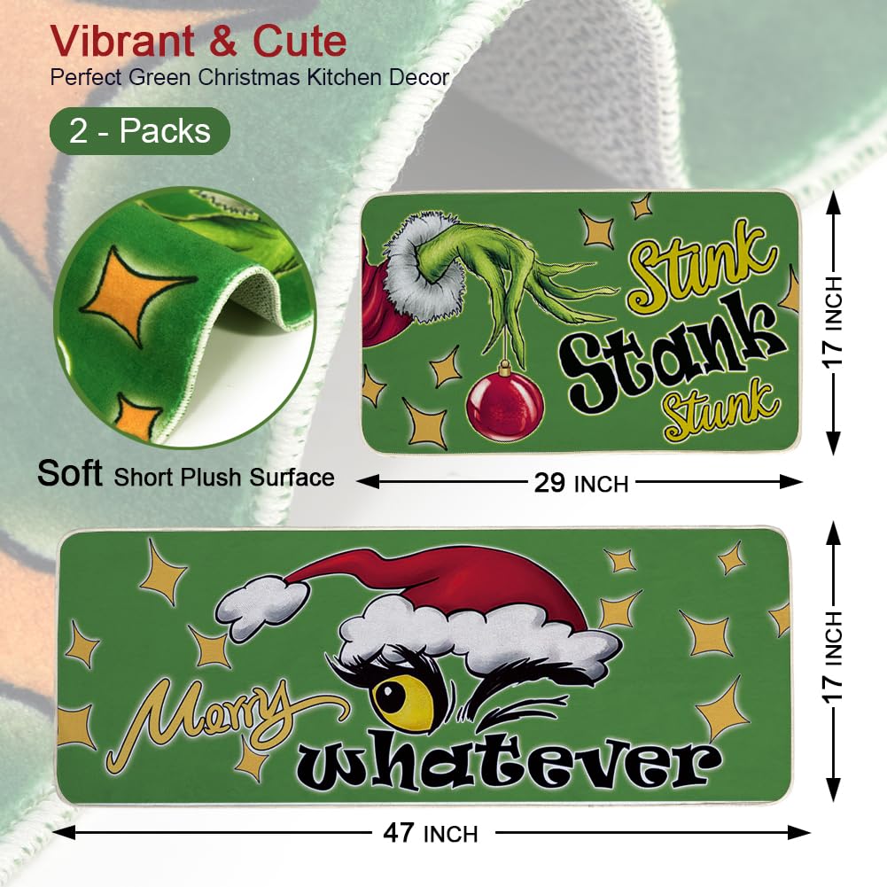 Christmas Kitchen Floor Rugs Set of 2 - Non-Slip Soft Washable Holiday Mats for Kitchen, Sink, Bathroom & Laundry Room - Festive Green Indoor Decor for Holiday Cooking & Home Decorating