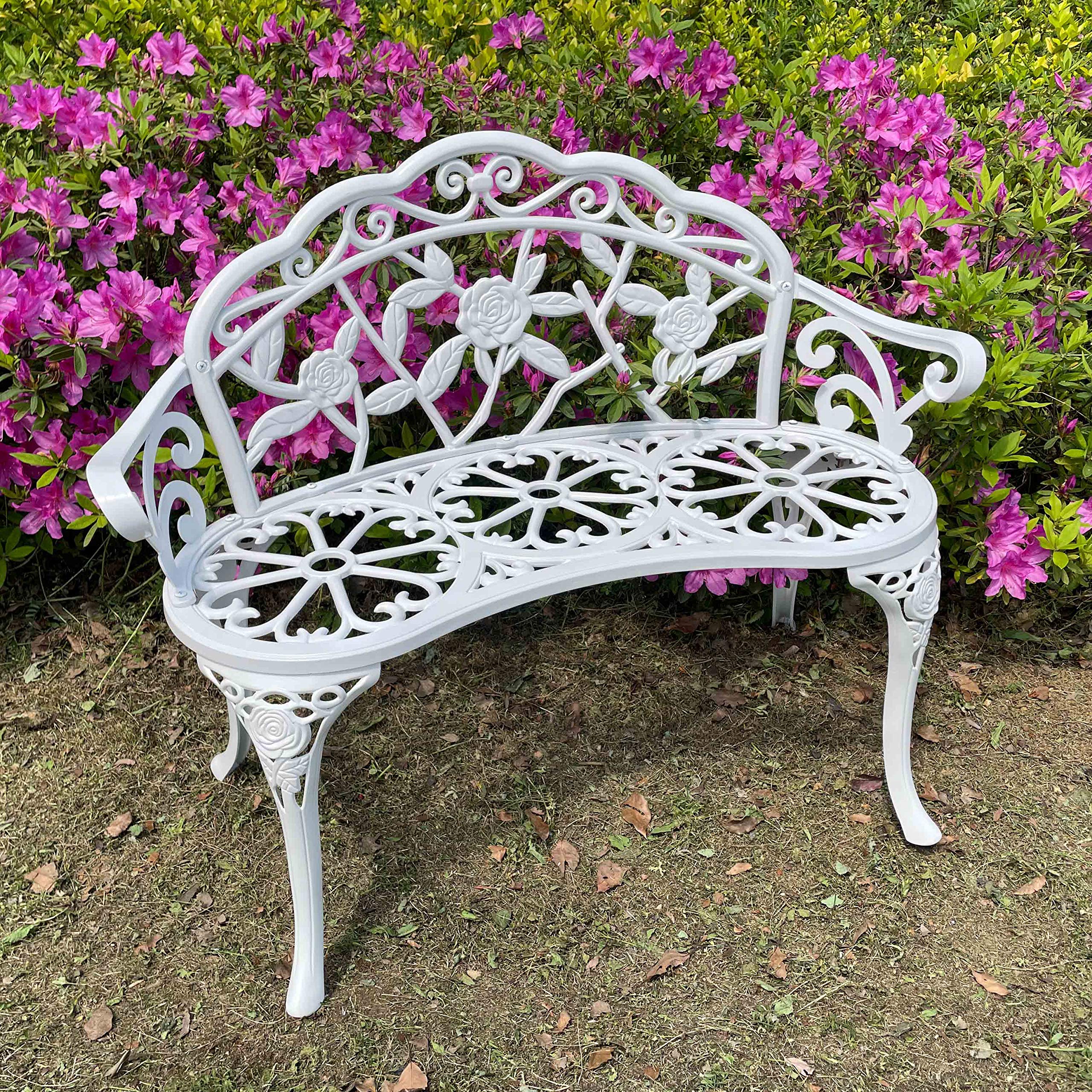 Rust-Resistant Cast Aluminum Outdoor Bench - White Garden Loveseat with Carved Rose Design for Patio, Yard, Backyard, Porch, Balcony & Lawn | Durable All-Weather Park Bench (Cushion Not Included) | Perfect for Relaxing, Entertaining & Enhancing Outdoor Spaces