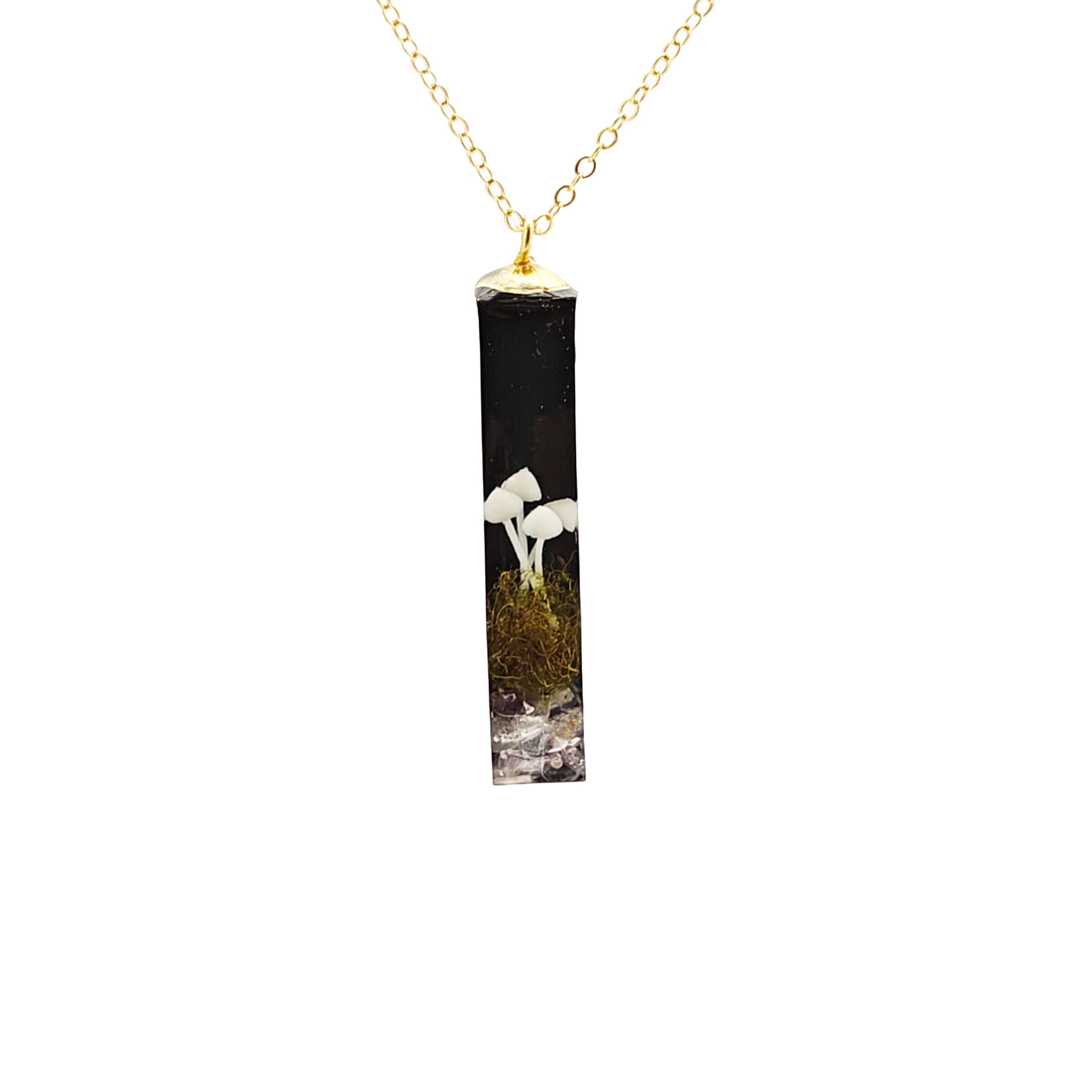Handmade 3D Mushroom Landscape Black Cube Resin Pendant Necklace for Women - 18k Gold Plated Chain, Boho Nature Jewelry Gift for Her | Perfect for Casual Wear, Outdoor Adventures & Nature Lovers
