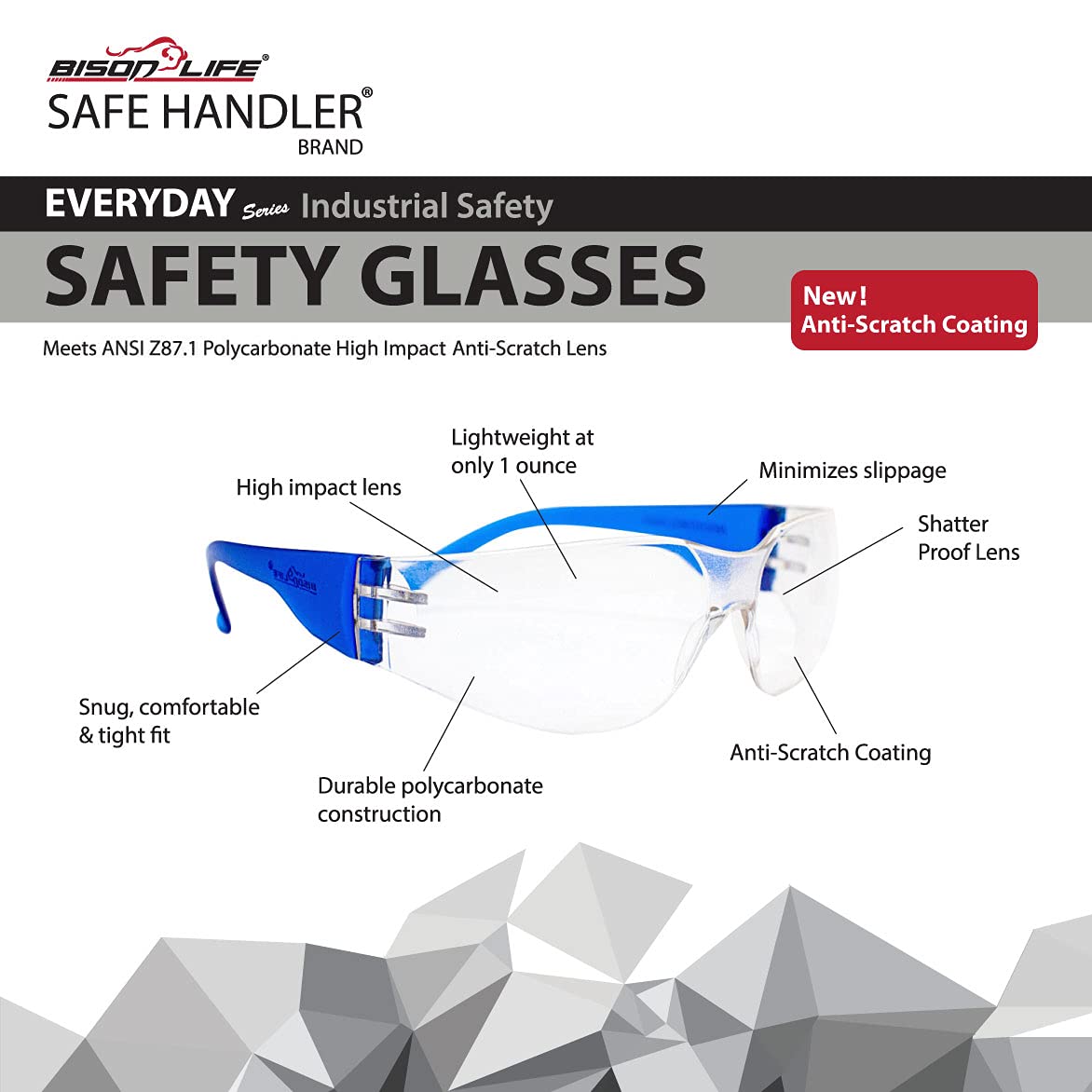 BISON LIFE Clear Polycarbonate Safety Glasses - Impact & Ballistic Resistant Lens, Blue Temple (12 Boxes, 144 Pairs) - Ideal for Construction, Woodworking, Shooting & Industrial Safety Use