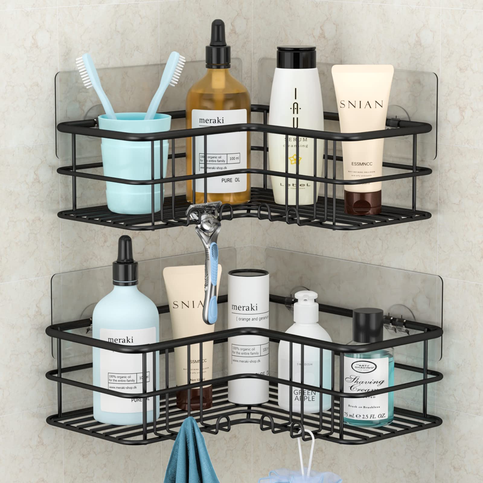 Menbyci Black Shower Caddy Corner Shelf - Rustproof Bathroom Organizer with Adhesive Mount, 2-Pack Shower Storage Rack for Shampoo & Toiletries - Perfect for Small Bathroom Organization & Space Saving