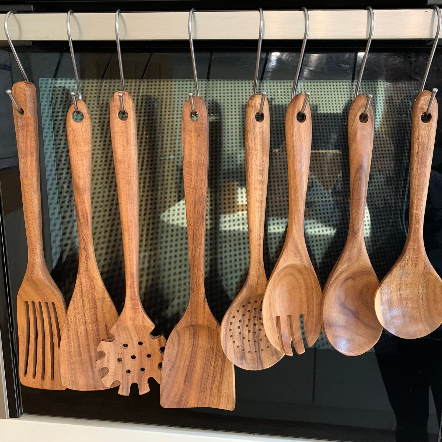 Premium Teak Wood Kitchen Utensil Set with Wooden Holder, Spoon Rest & Hooks - 100% Natural Eco-Friendly Cooking Tools for Baking, Stirring & Serving - Perfect for Home Chefs & Modern Kitchens