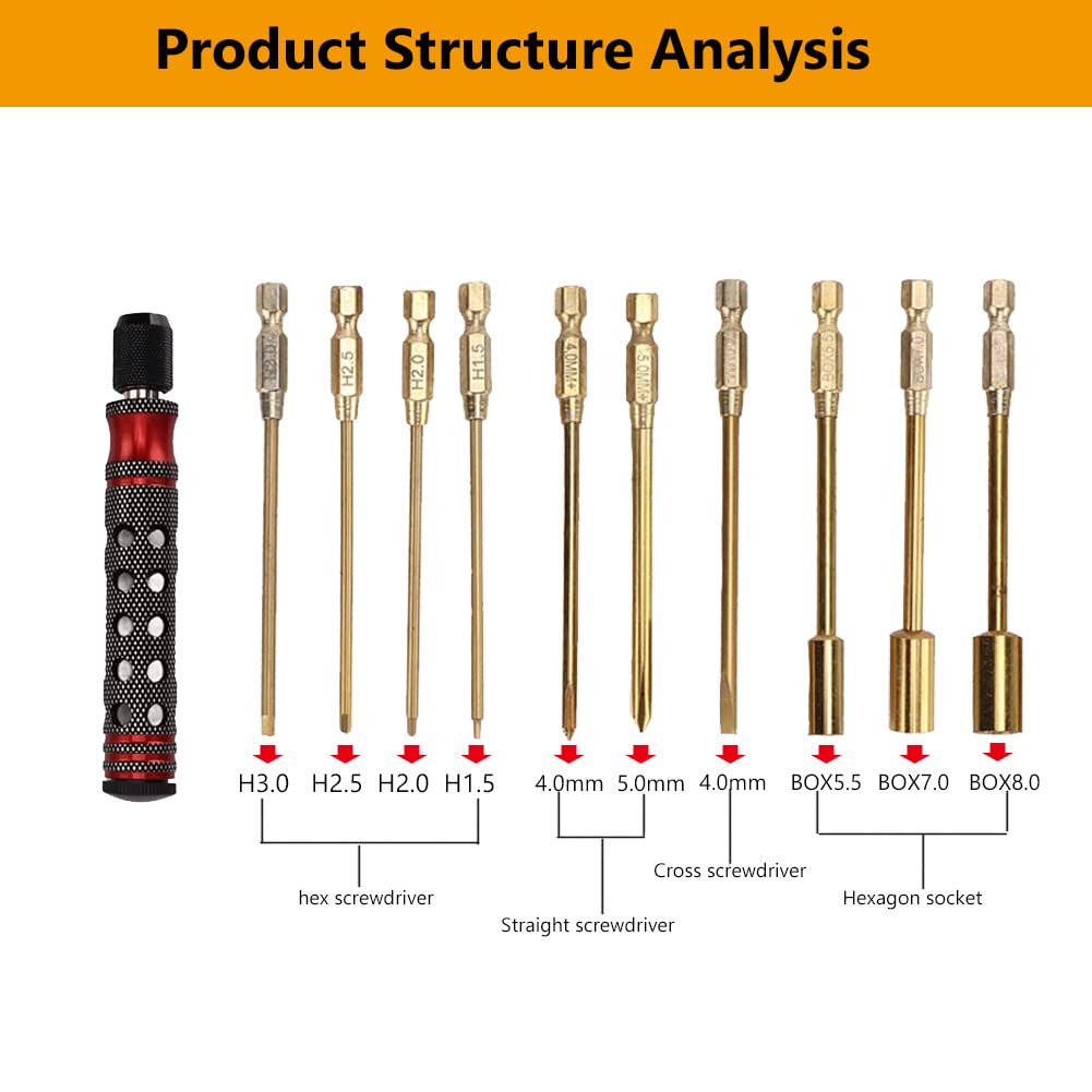 12-in-1 Detachable RC Screwdriver Set - Red Handle Repair Tool Kit for RC Cars, Drones & Model Vehicles - Perfect for Hobbyists & DIY Enthusiasts