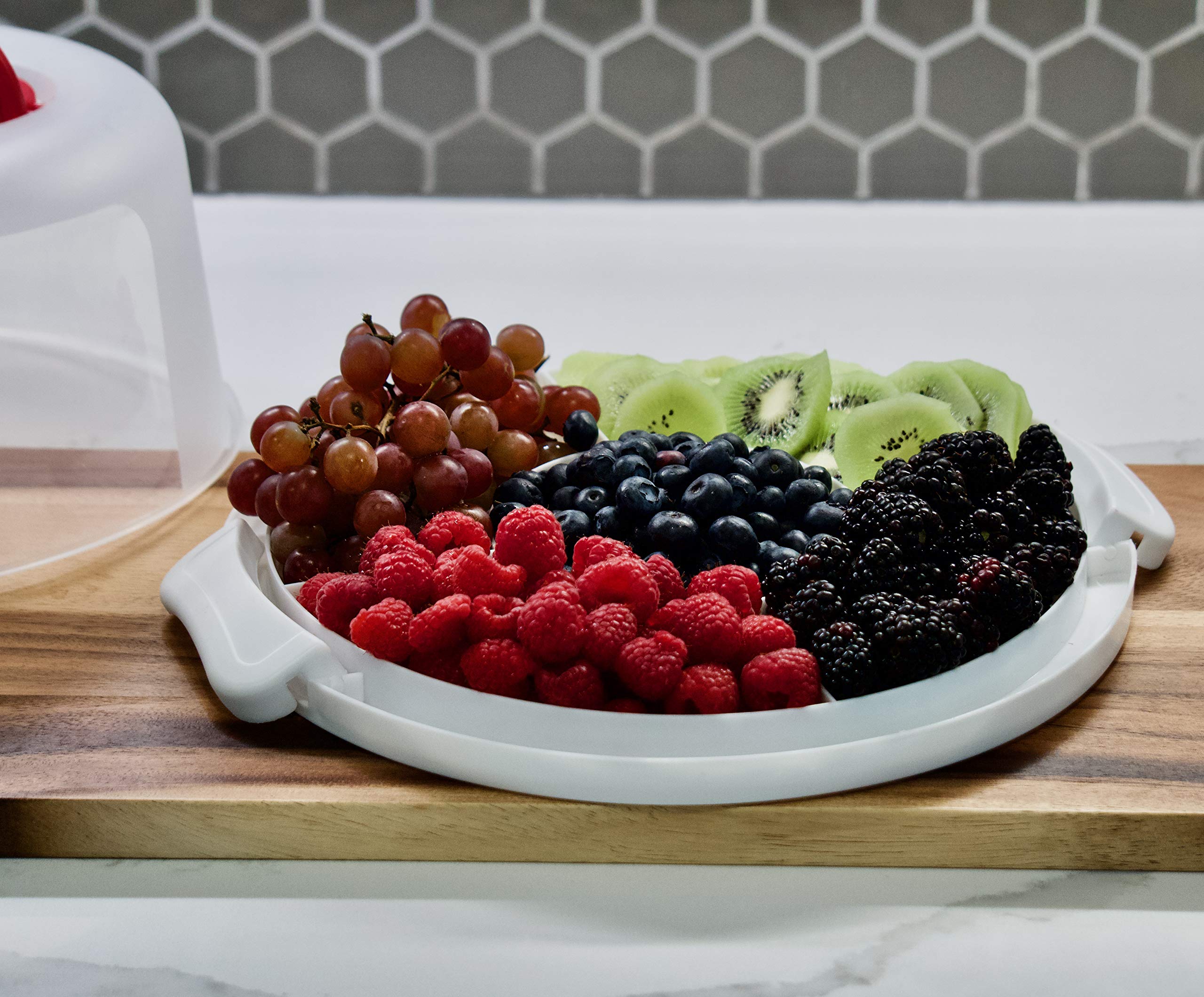 Premium Round Cake Carrier with Handle – 2-in-1 Cake Holder & 5-Section Serving Tray for 10 Inch Cakes & Pies | Portable White Cake Storage Box for Parties, Baking, Picnics & Catering Events