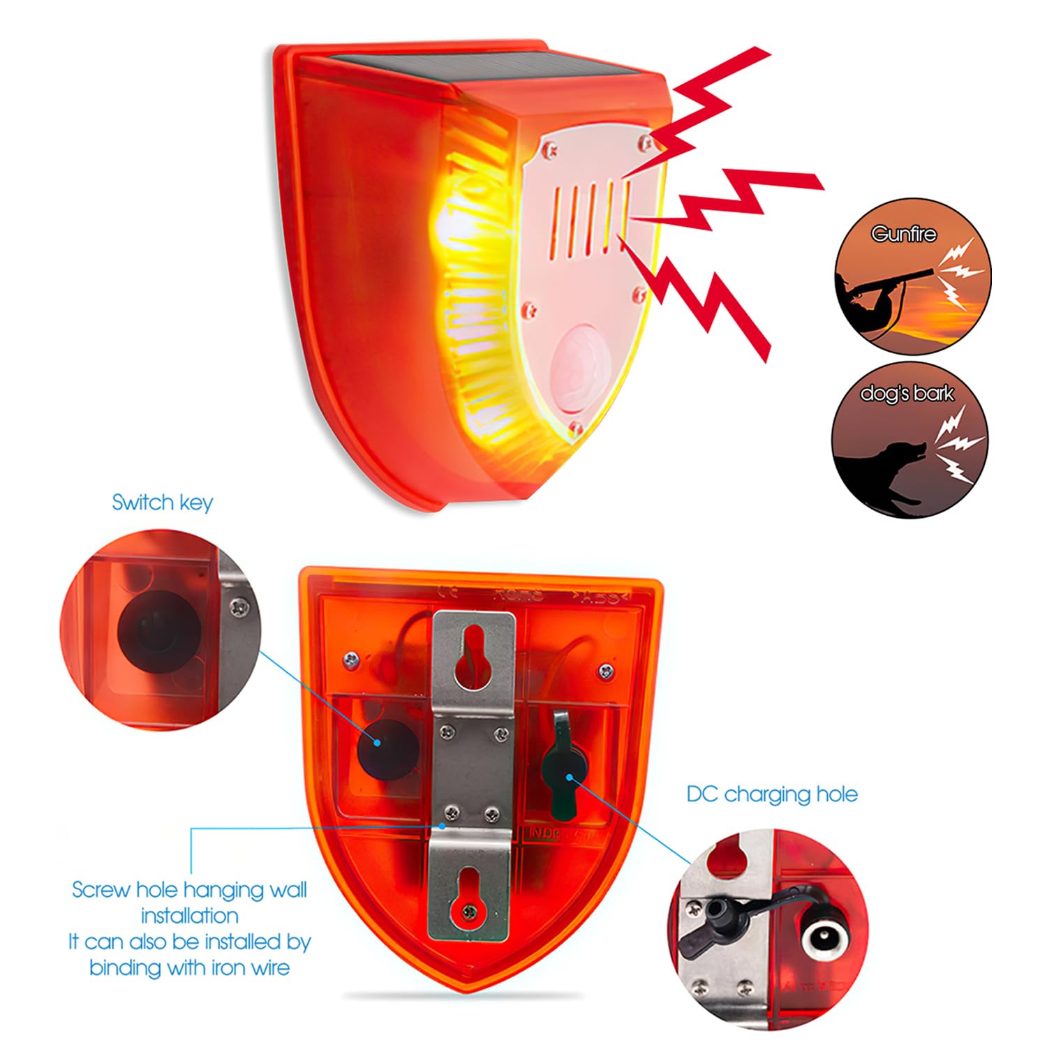 Solar Motion Sensor Alarm Outdoor - 129dB Loud Security Light with Dog Barking & Gunshot Sound, Strobe Warning & USB Charging | Ideal for Home, Villa, Farm, Barn, Yard Protection & Intruder Deterrence