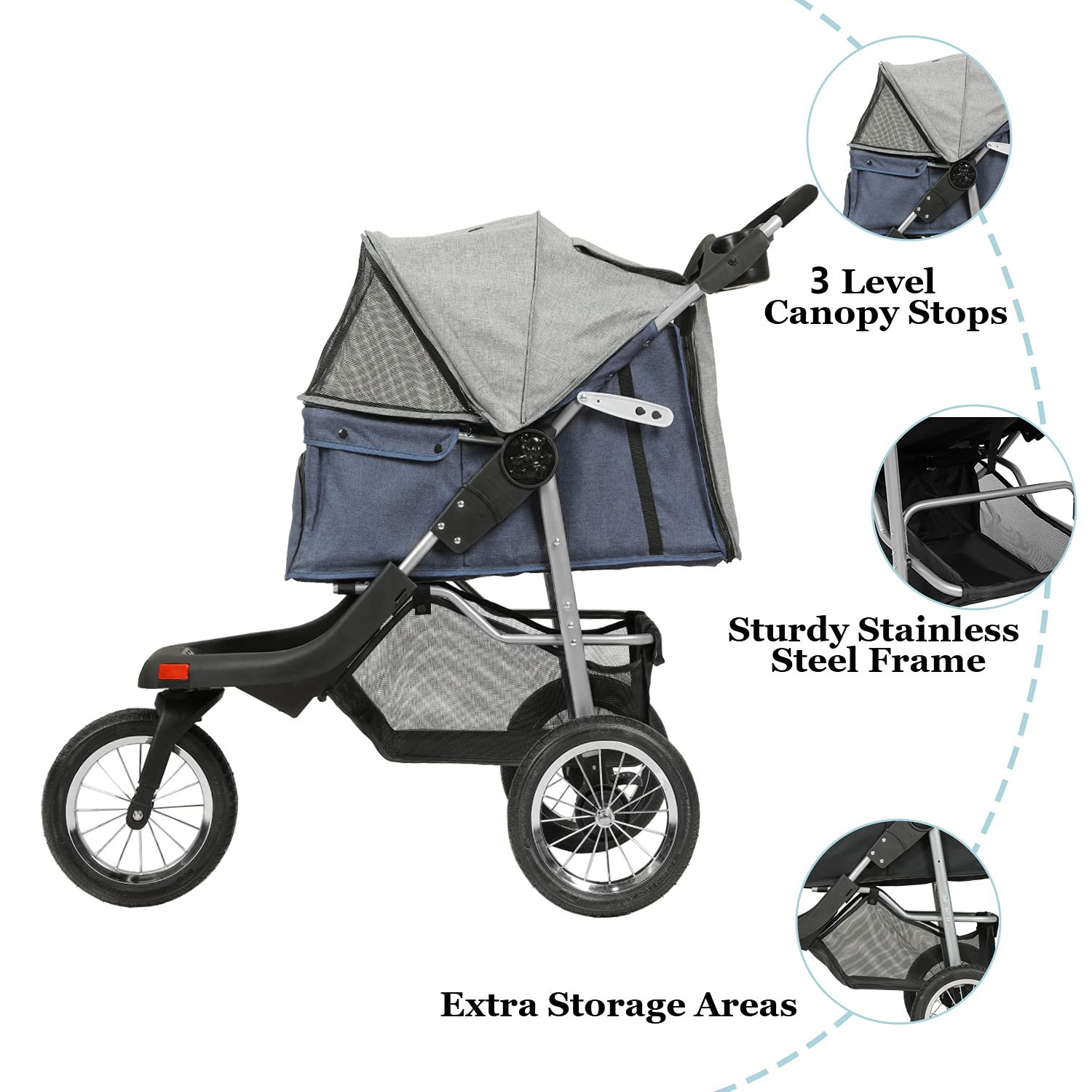 VIAGDO Premium Heavy Duty Pet Stroller for Small & Medium Dogs & Cats - 3-Wheel Foldable Dog & Cat Carrier with Suspension System, Link Brake & One-Hand Fold - Supports Up to 55 lbs (Blue & Grey) - Perfect for Vet Visits, Outdoor Walks & Travel
