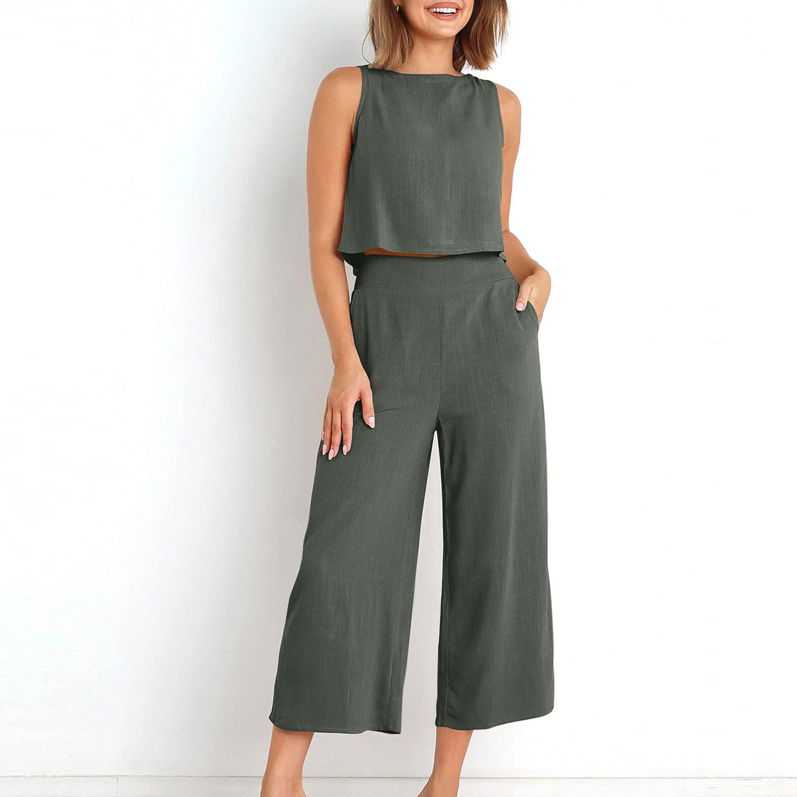 AMhomely Women's 2-Piece Outfit - Sleeveless Cotton Linen Wide Leg Pants Set with Vest Top & Back Buttons | Elegant Ladies' Pants Suit with Pockets | Perfect for Office Wear, Summer Outfits & Casual Occasions