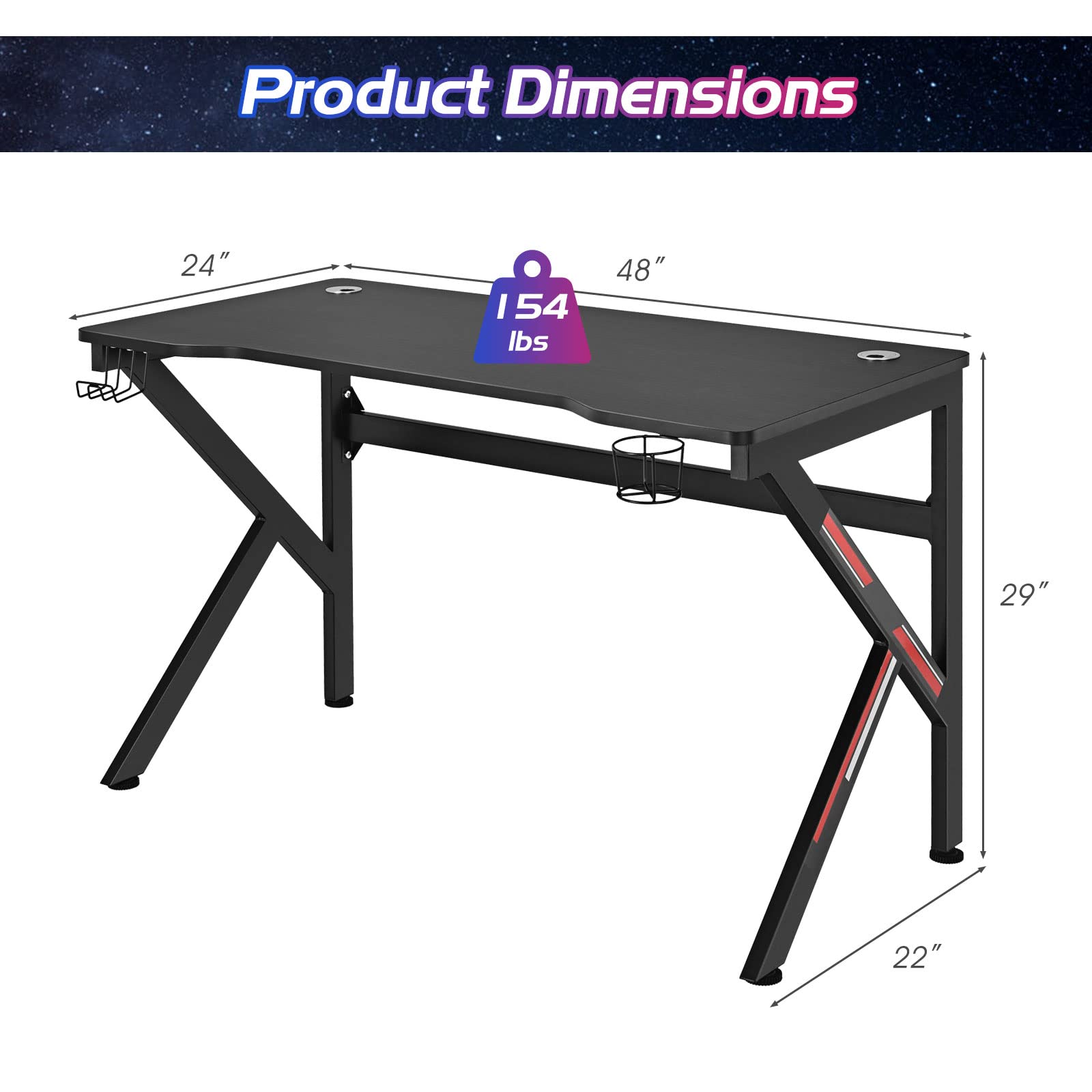 **48 Inch K-Shaped Gaming Desk with Cup Holder & Headphone Hook - Ergonomic PC Computer Desk for Gamers, Home Office & Workstation - 2 Cable Management Holes, Durable Black Design - Perfect for Esports, Streaming & Remote Work**