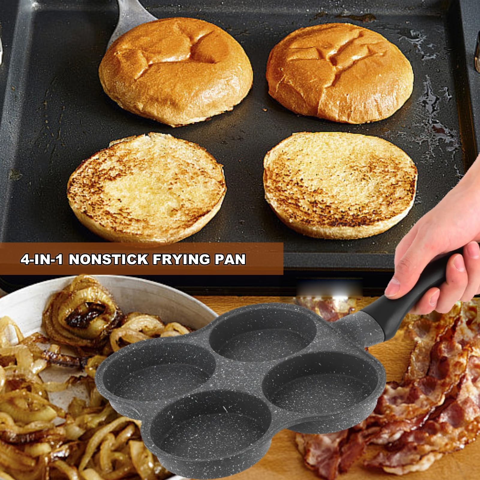 Nonstick 4-Hole Aluminum Egg Frying Pan - Perfect for Omelets, Pancakes & Burgers - Induction & Gas Stove Compatible - Ideal for Breakfast, Brunch & Quick Meals