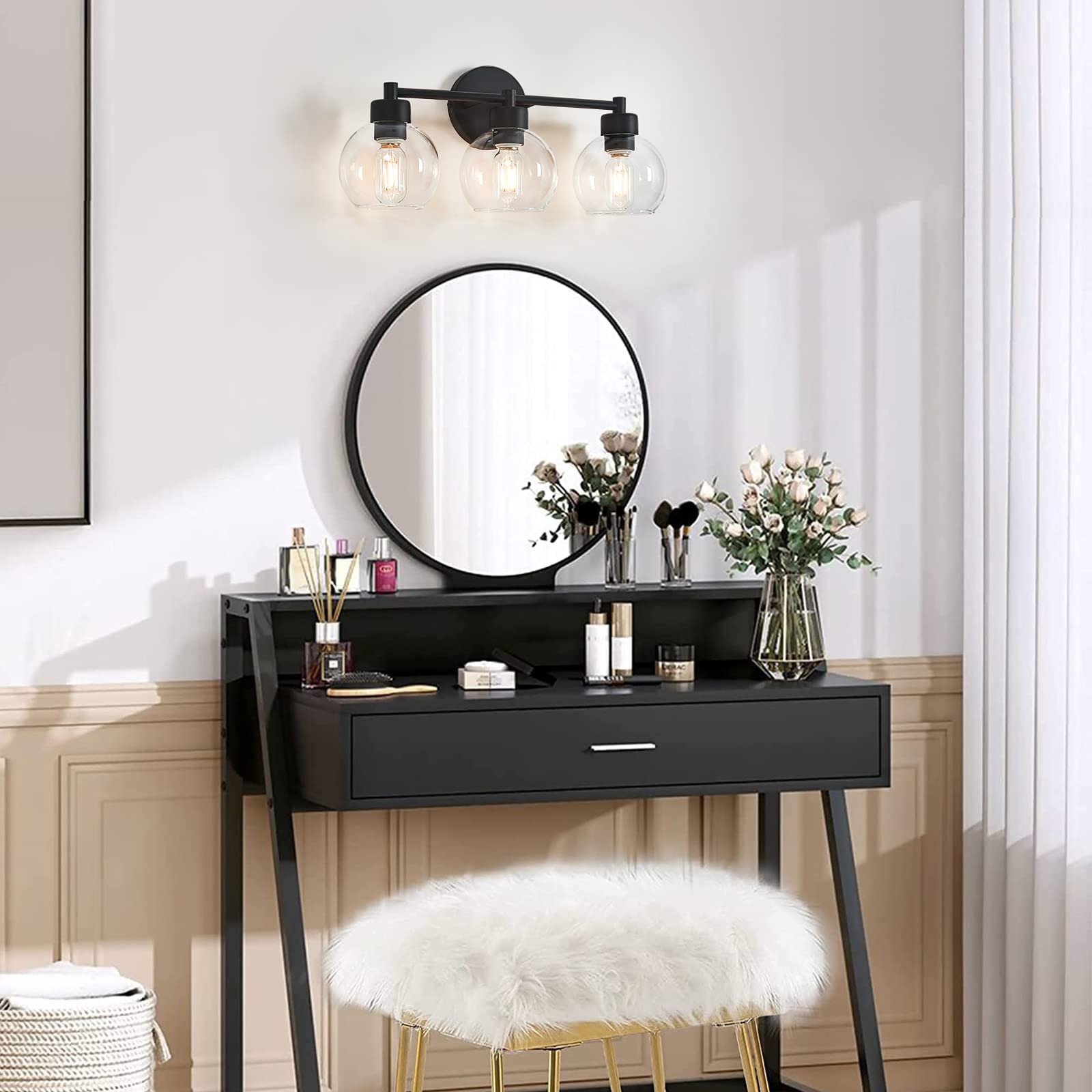 3-Light Black Round Bathroom Vanity Light Fixture with Clear Globe Glass - Matte Black Wall Sconce for Mirror, Bedroom, Living Room & Kitchen - Perfect for Modern Home Decor and Bathroom Makeovers