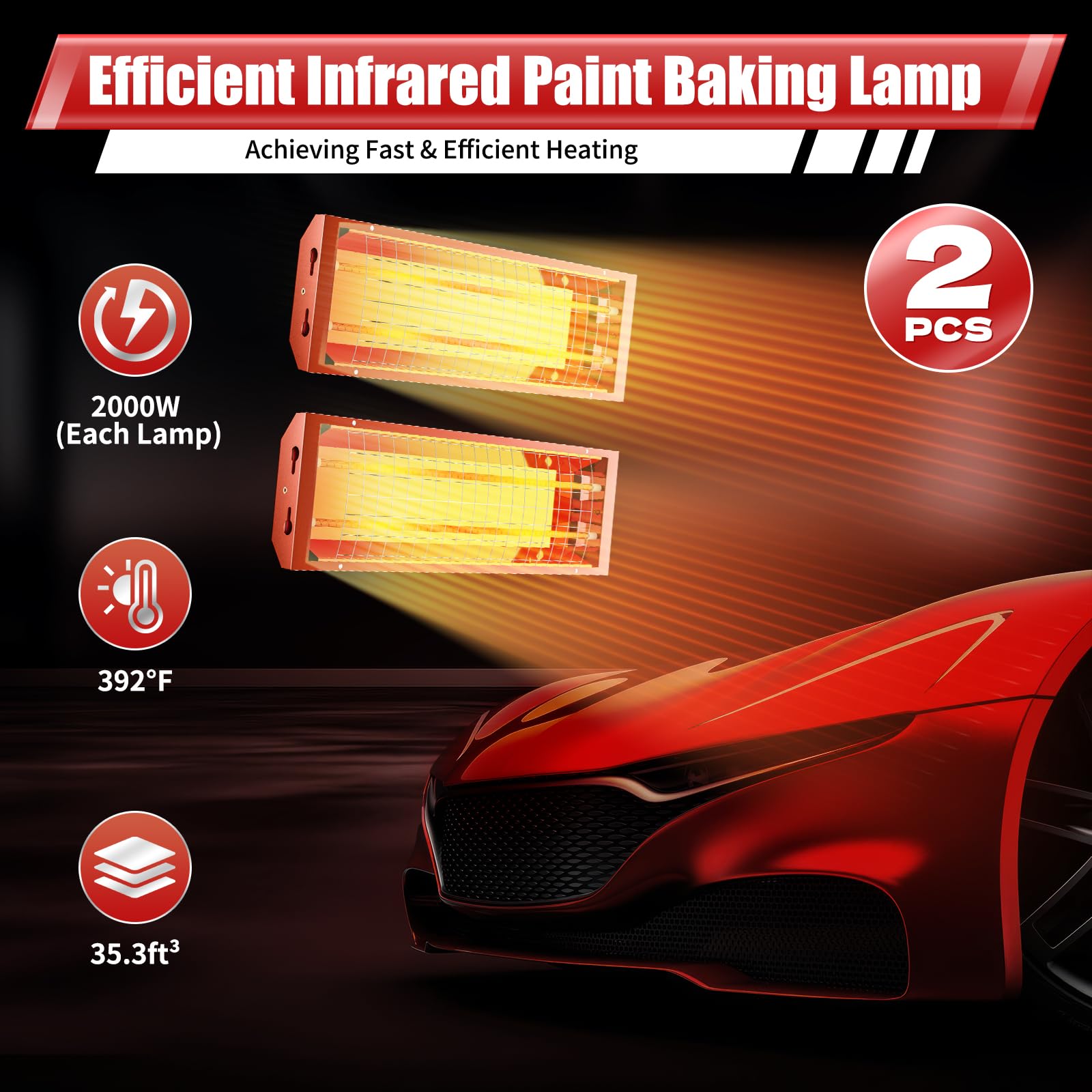 2000W Infrared Paint Curing Lamp - 2 Pack Professional Automotive & Furniture Paint Drying Heat Lamps for Auto Body Shops, Woodworking, DIY Projects - Fast Drying for Car Paint Booths & Wood Finishing