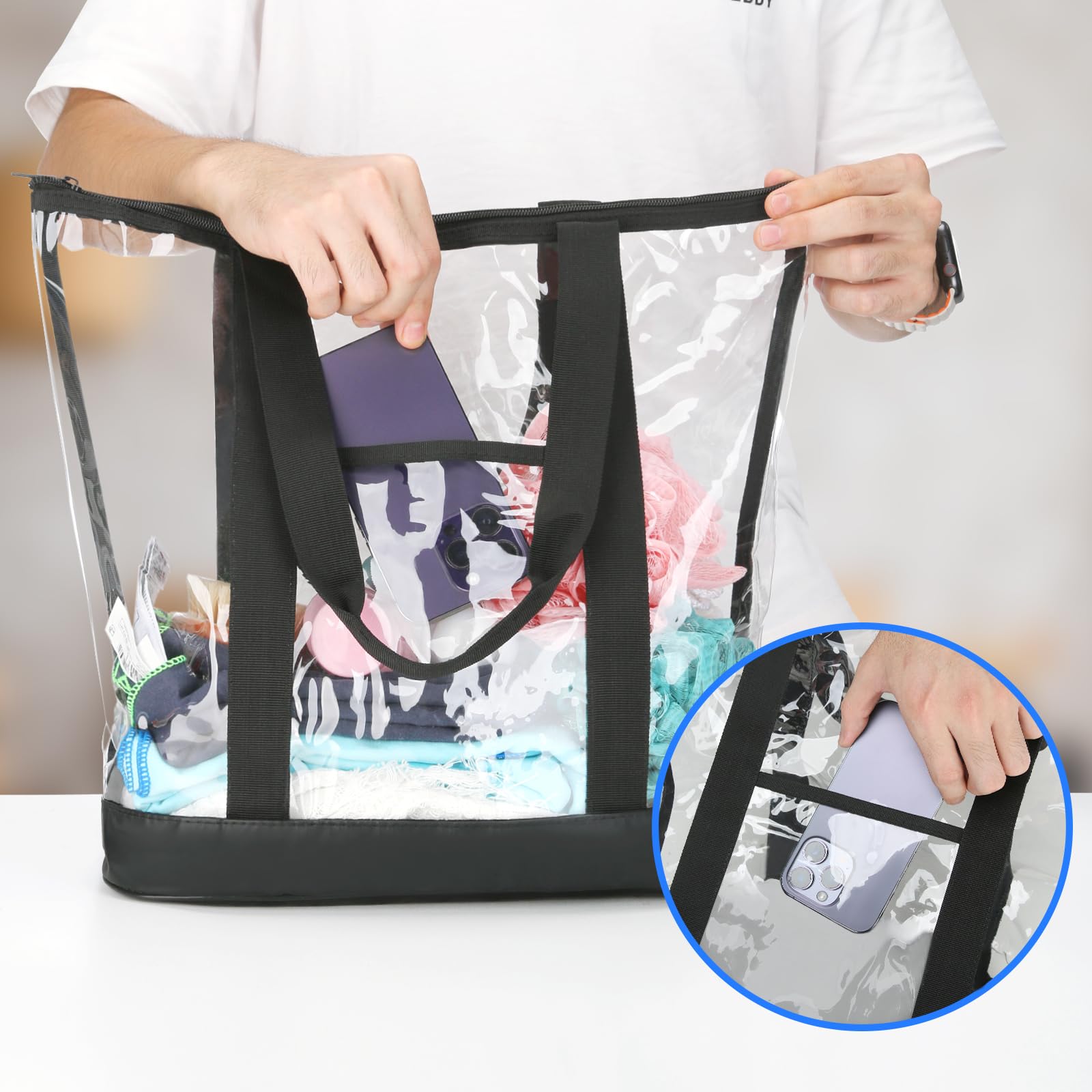 HAOGUAGUA Extra Large Clear Cosmetic Toiletry Bag - Waterproof Transparent PVC Makeup Organizer with Handles (Black) | Perfect for Travel, Gym & Daily Essentials Storage