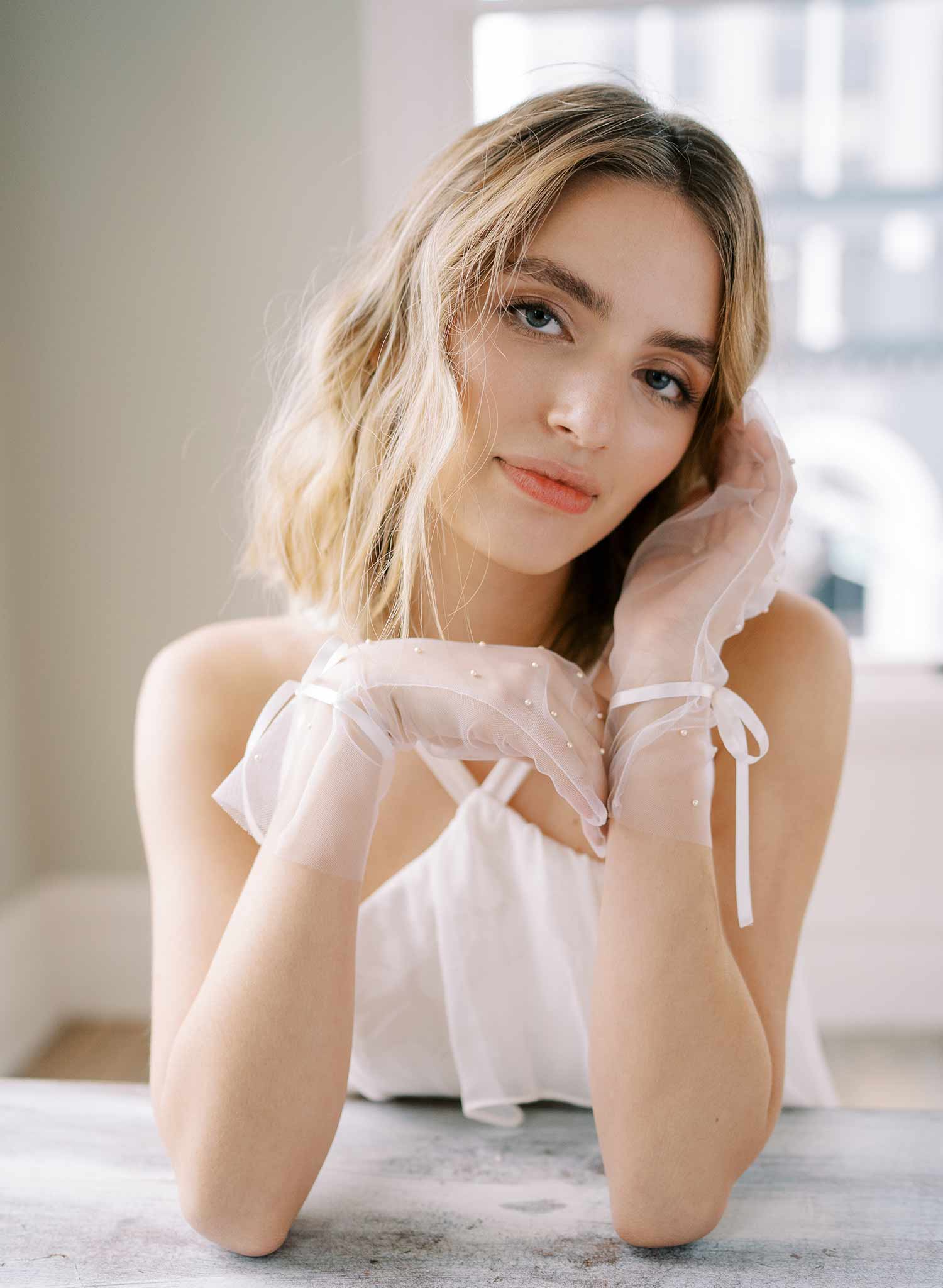 Elegant Pearl & Bow Short Gloves for Women - Style #2467 | Perfect for Weddings, Parties & Formal Events
