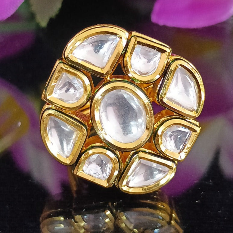 Exquisite Gold Plated Royal Kundan Beaded Ring - Elegant Indian Jewelry for Women | Perfect for Weddings, Parties & Special Occasions