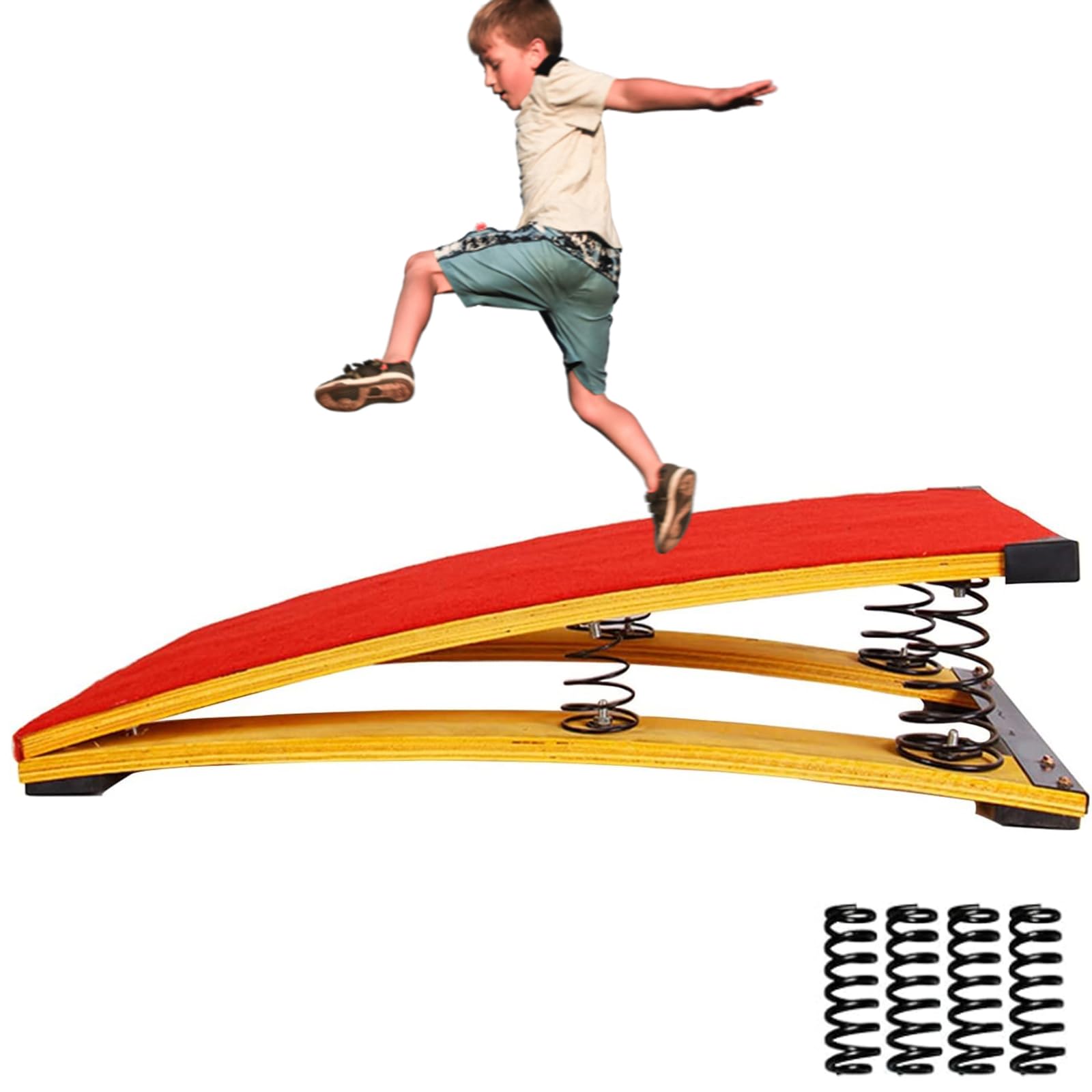 4 Springs Gymnastics Springboard for Kids - Portable Curved Vaulting Training Board with Hardwood Base - Home & Gym Fitness Equipment for Gymnastics, Athletics & Play - Perfect for Backyard Practice, School PE Classes & Indoor Training