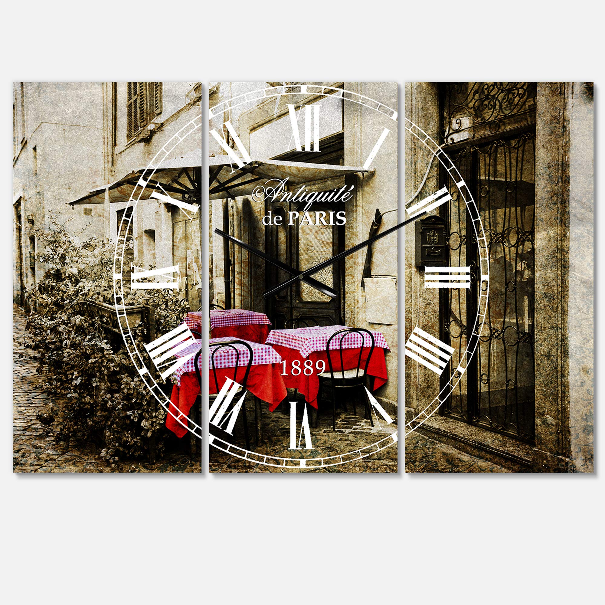 Designart Restaurant Terrace Street Scene 3-Panel Metal Wall Clock - Industrial Wall Art Decor for Home, Living Room, Bedroom & Office | Perfect for Modern Spaces, Cafe Style Interiors & Urban Loft Decor