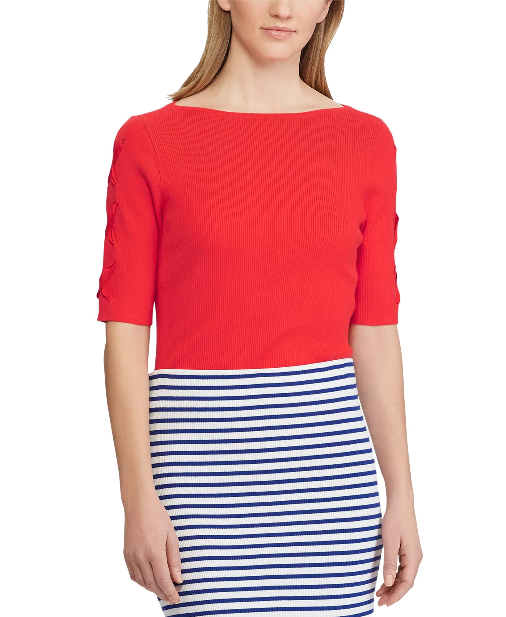LAUREN RALPH LAUREN Women's Ribbed Pullover Sweater with Lace-Up Sleeves - Red Size M | Casual Winter Knitwear for Office & Date Night Outfits