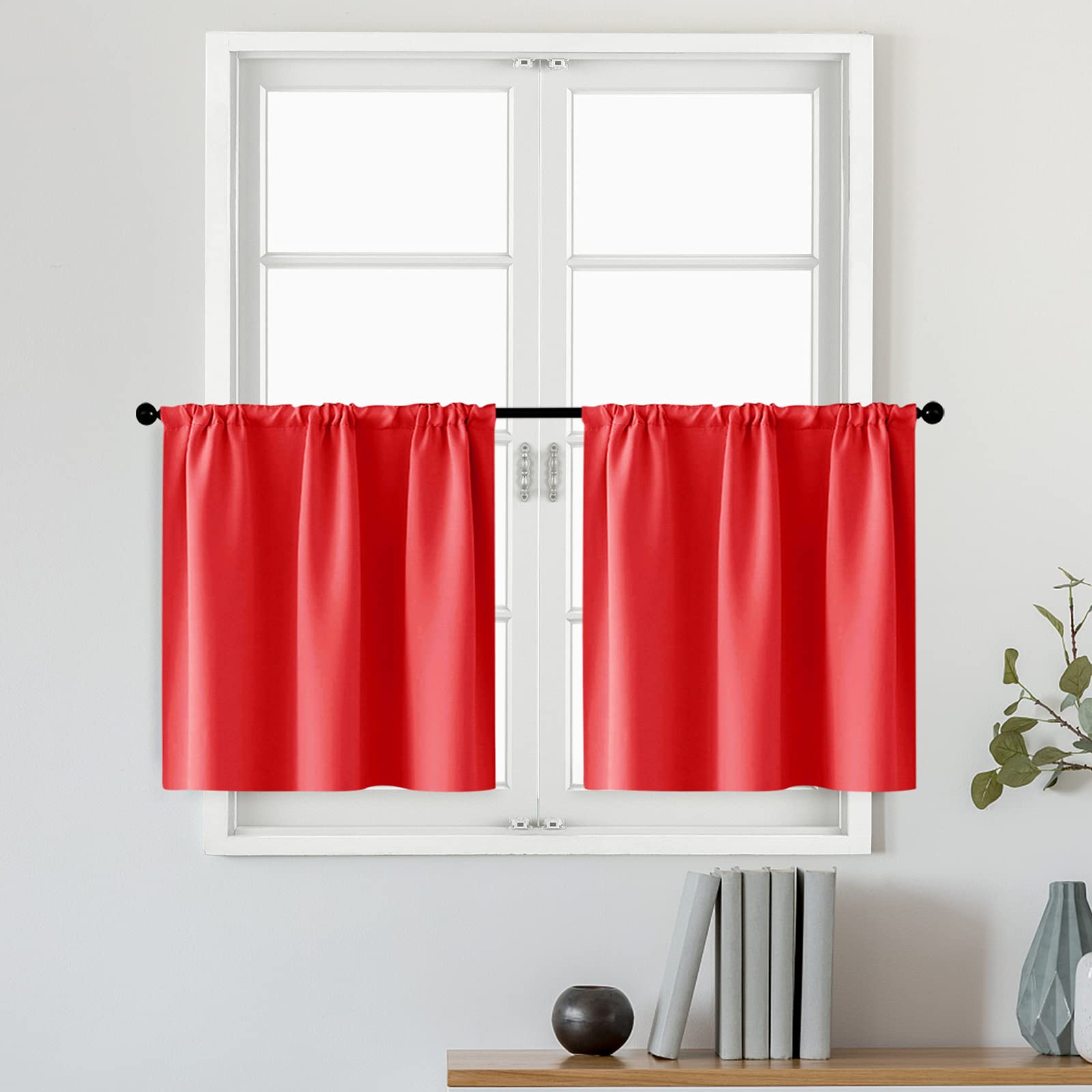 MRTREES Red Short Small Curtains 42 x 30 Inches - 2 Panels Rod Pocket Kitchen Cafe Curtains for Bathroom & Small Windows - Room Darkening Window Treatment for Privacy & Light Control - Perfect for Kitchen, Bathroom, Bedroom & Nursery
