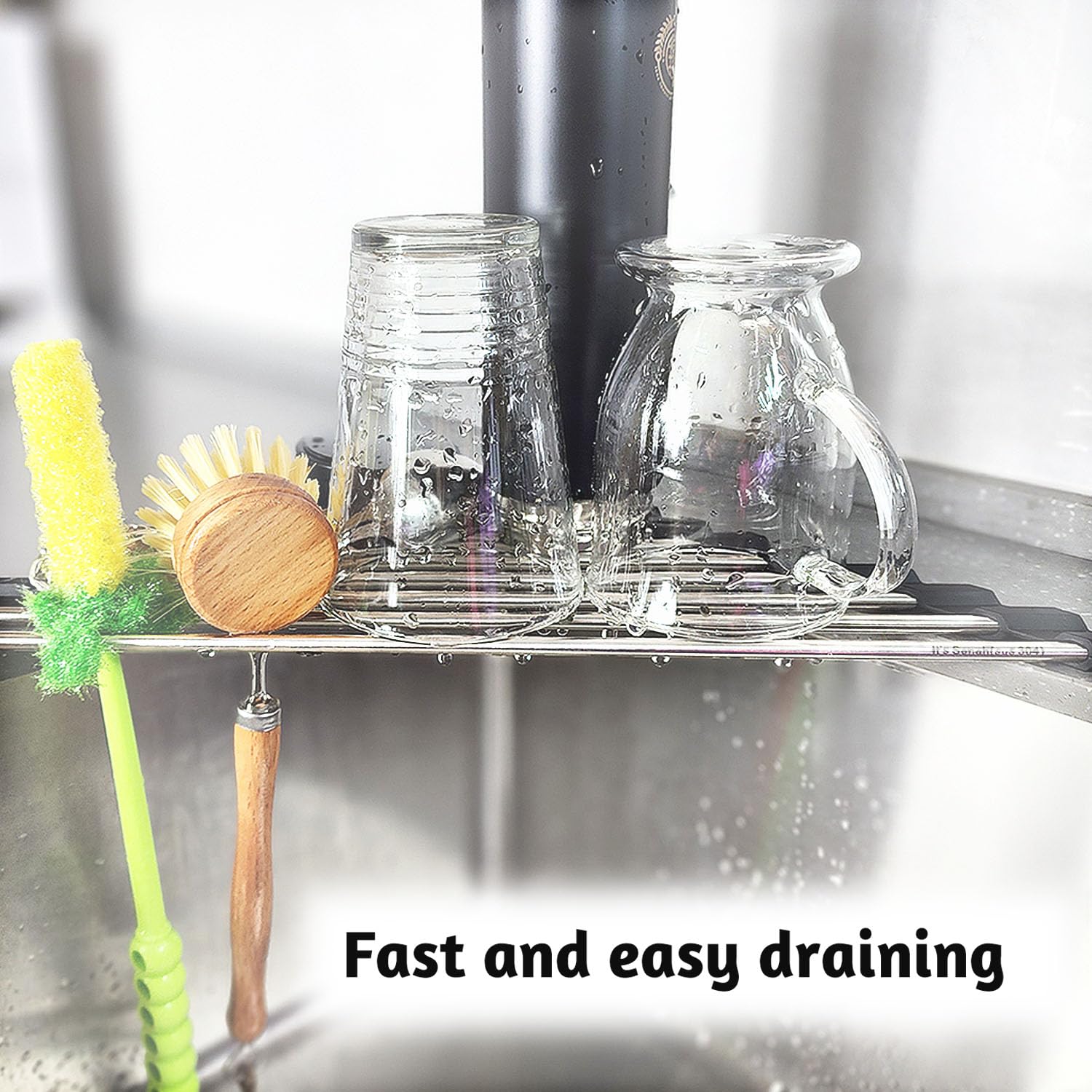 Stainless Steel Roll Up Sponge Holder for Kitchen Sink - 304 Steel Sponge, Brush & Scrubber Organizer - Space Saving Countertop Organizer for Bathroom, Laundry Room - Includes Soap Dispenser Holder & Dish Drying Rack (Black) - Perfect for Small Spaces & Clutter-Free Countertops