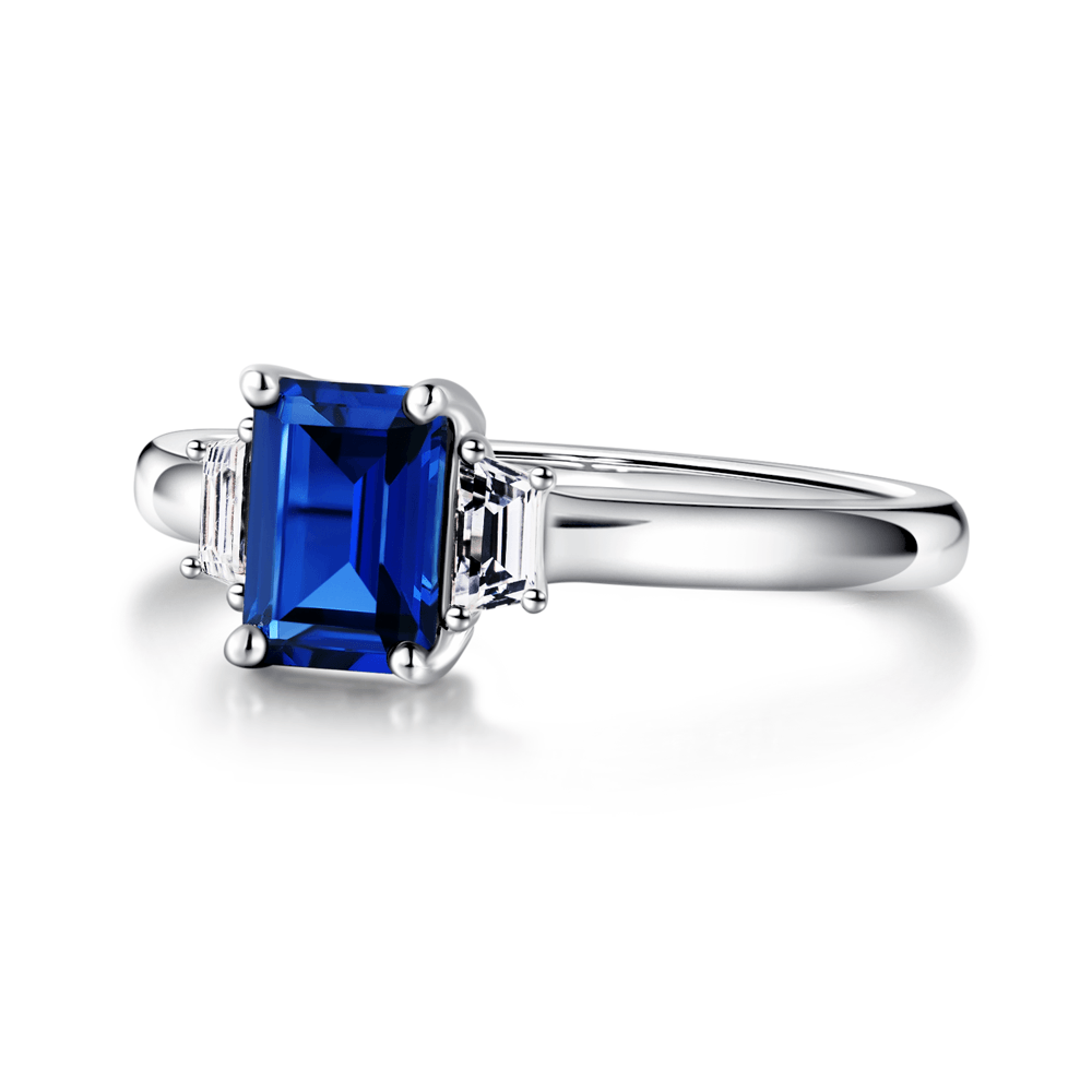 Exquisite Emerald Cut Blue Sapphire & White Sapphire Three Stone Ring – Elegant Jewelry for Engagement, Wedding & Special Occasions