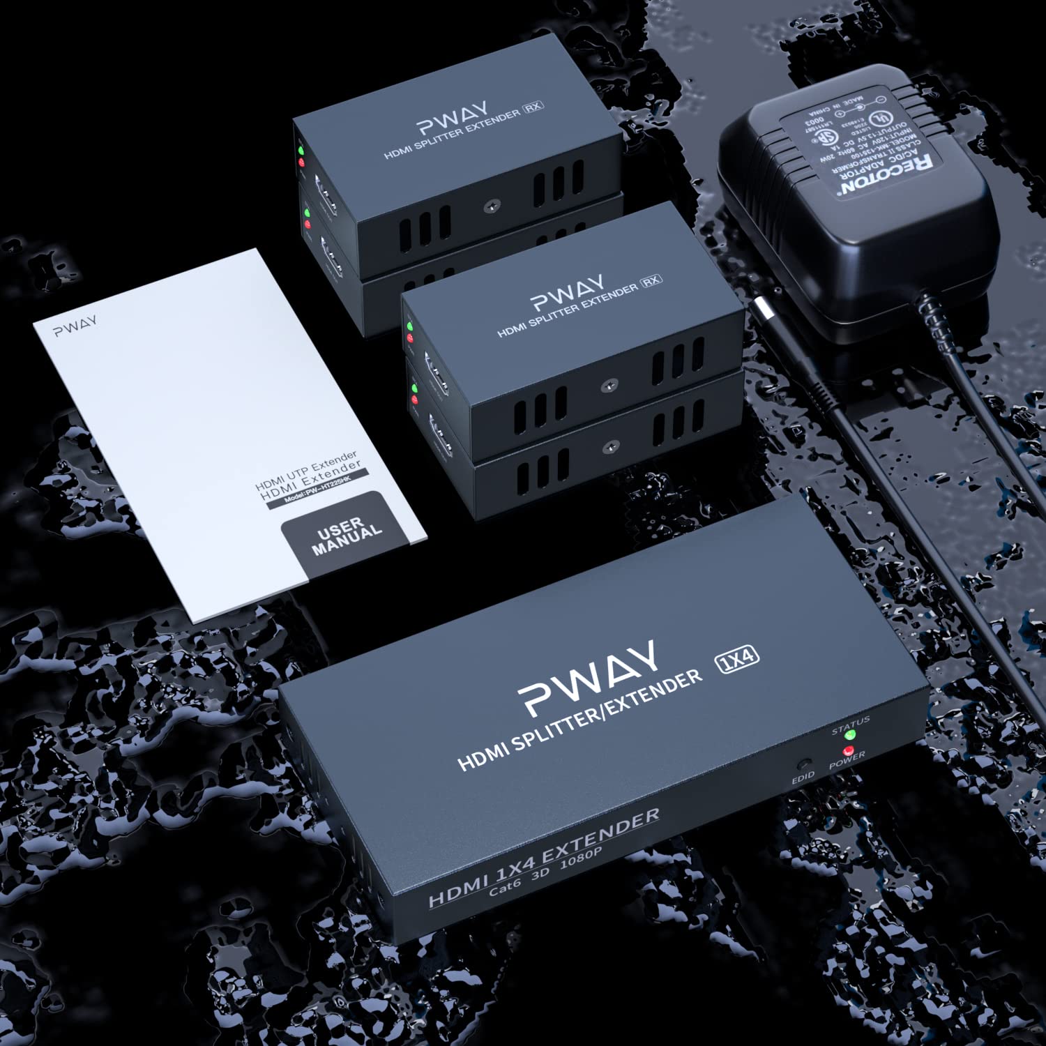Premium 1x4 HDMI Splitter Extender Over Cat5e/Cat6 - 1080P@60Hz, 50m/165ft Range, Zero Latency (1 Input 4 Output) - Ideal for Home Theater, Conference Rooms & Multi-Screen Gaming Setups