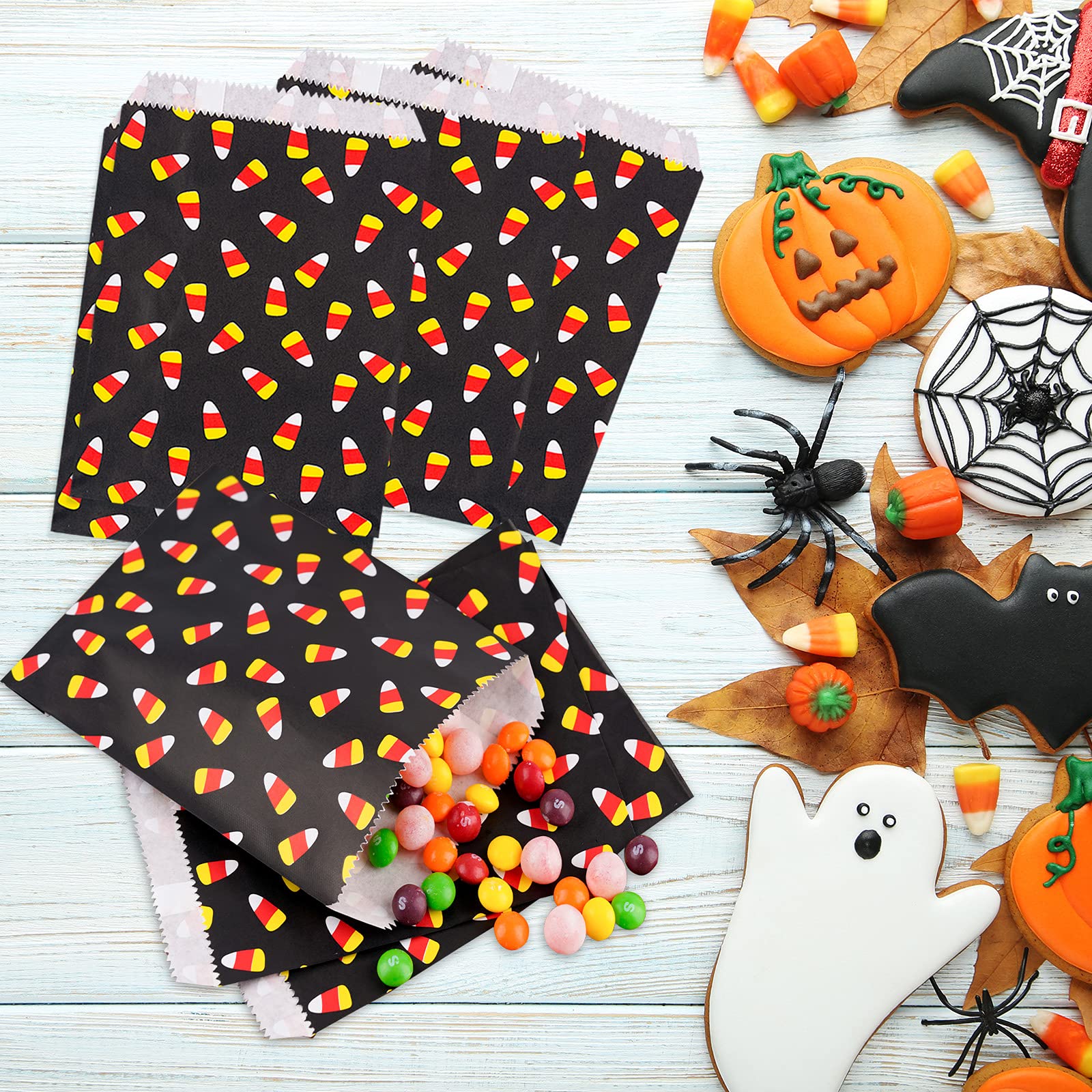 Kolewo4ever 100-Pack Halloween Treat Bags - Orange Candy Corn Design Paper Gift Bags for Chocolate, Cookies & Party Favors | Perfect for Trick-or-Treating, Classroom Treats & Halloween Buffets