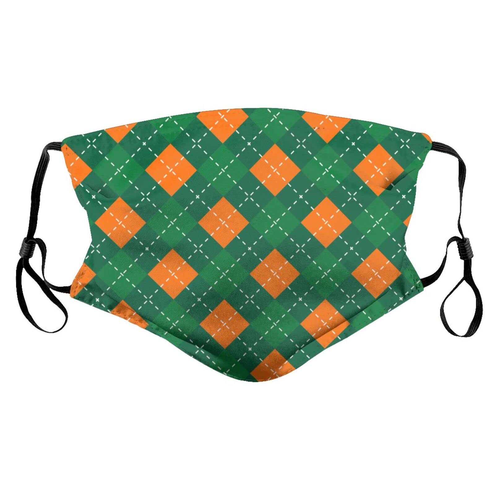 Washable Reusable Face Mask with 2 Replaceable Filters - St Patrick's Day Green & Orange Plaid Design - Breathable Cotton Face Cover for Daily Use, Work, School and Outdoor Activities