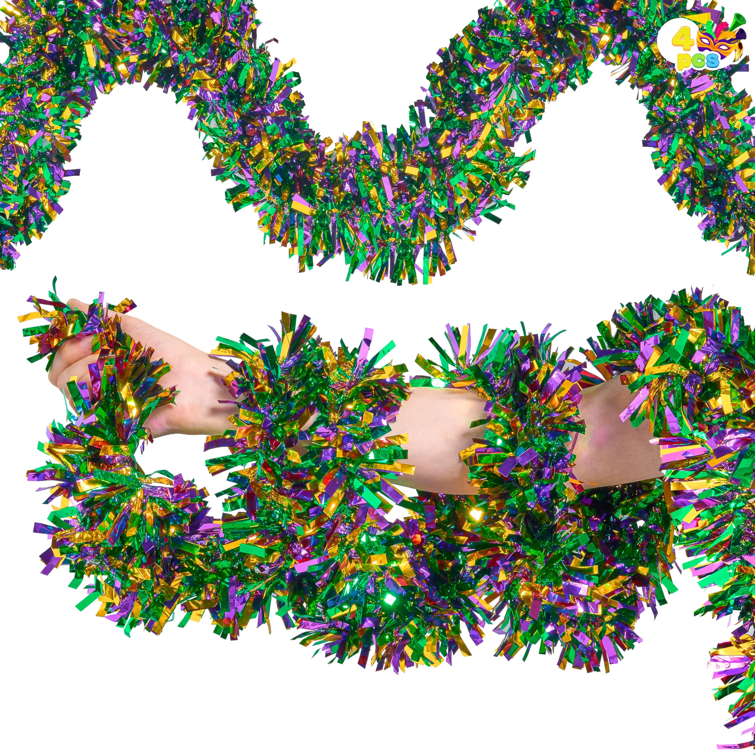 JOYIN 4-Piece Mardi Gras Tinsel Garland Set - 66 Feet Gold Green Purple Metallic Streamers for Party Decorations | Sparkling Glittering Hanging Decor for Indoor & Outdoor Mardi Gras, Carnival, New Year, Birthday Celebrations