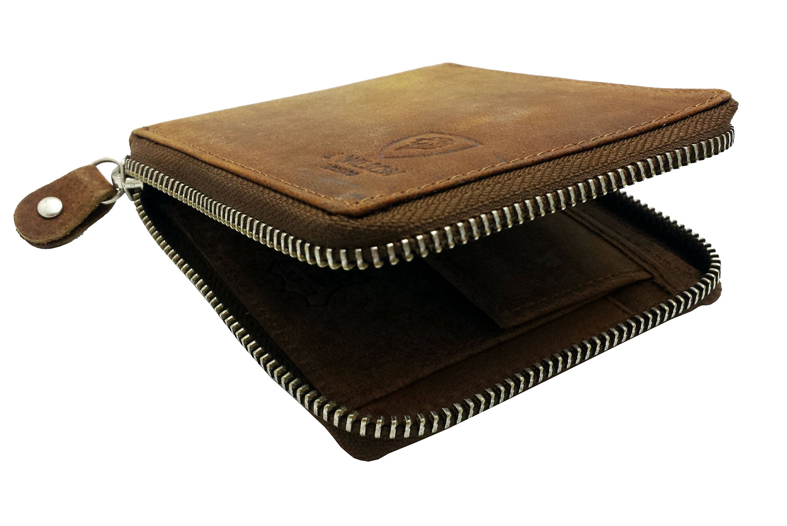 J. Wilson London RFID Blocking Men's Genuine Leather Zip Around Wallet with Coin Pocket - Distressed Brown - Gift Box Included | Secure Travel & Everyday Use Wallet for Credit Cards & Cash