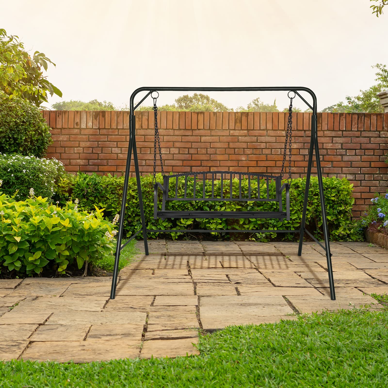 Outdoor Metal Patio Swing Bench with A-Frame Stand - Heavy Duty 550LB Capacity Powder Coated Steel Swing Seat & Frame - Perfect for Backyard, Garden, Porch or Deck Relaxation (Matte Black)