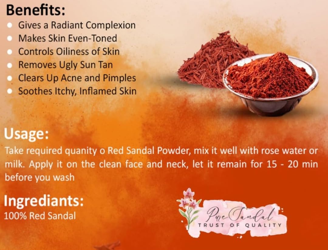 Pure Organic Red Sandalwood Powder 100% Natural Premium A Grade for Skin Care, Aromatherapy & Religious Rituals