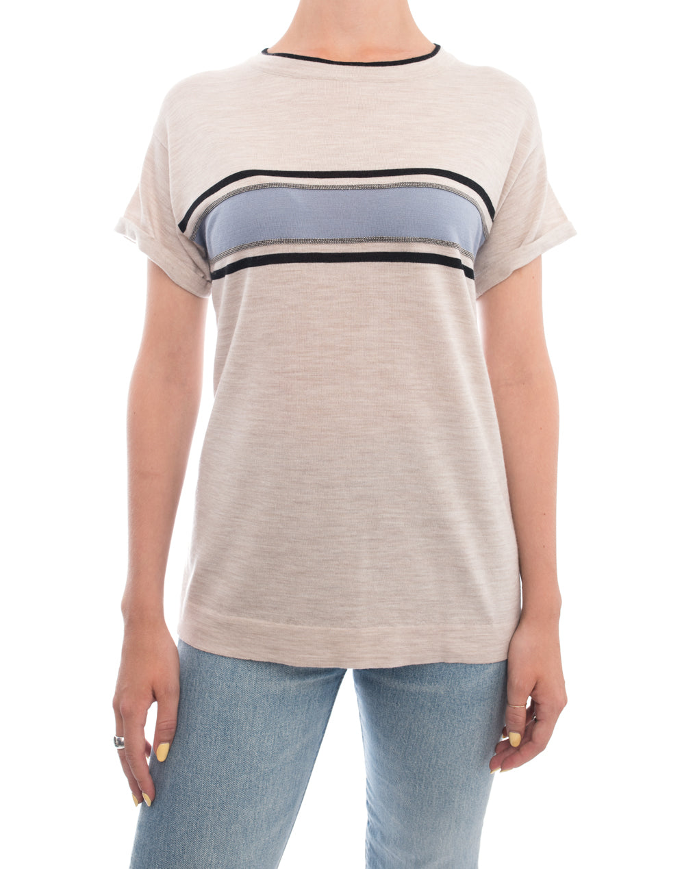 Brunello Cucinelli Oatmeal Blue Striped Short Sleeve Sweater for Men - Casual Summer Knitwear for Office & Weekend Outings