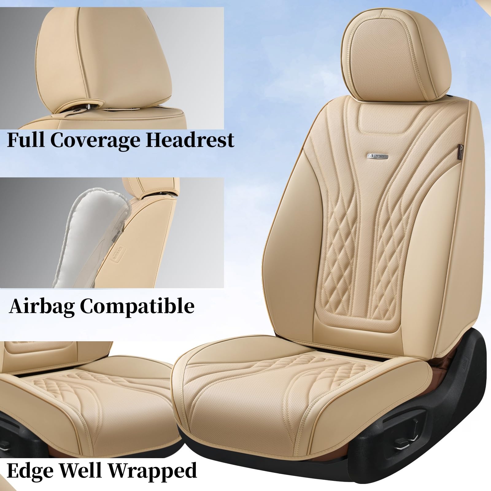 Premium Nappa Leather Waterproof Car Seat Covers (2-Pack) - Universal Fit for Most Vehicles, Front Seat Protectors for Cars, SUVs & Trucks - Beige - Perfect for Daily Commute, Road Trips & Pet Protection